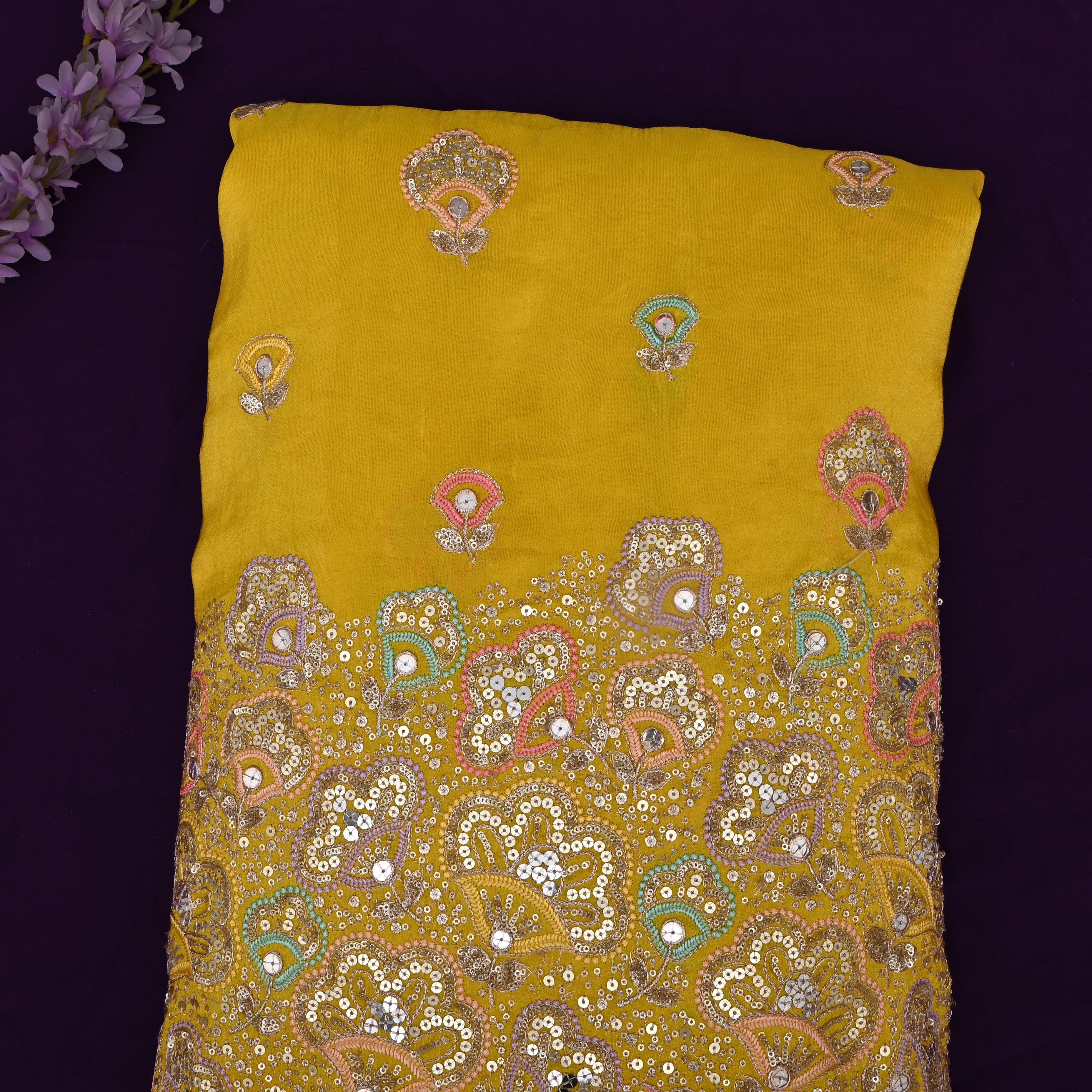 Golden Yellow Tissue Fabric With Sequins Work