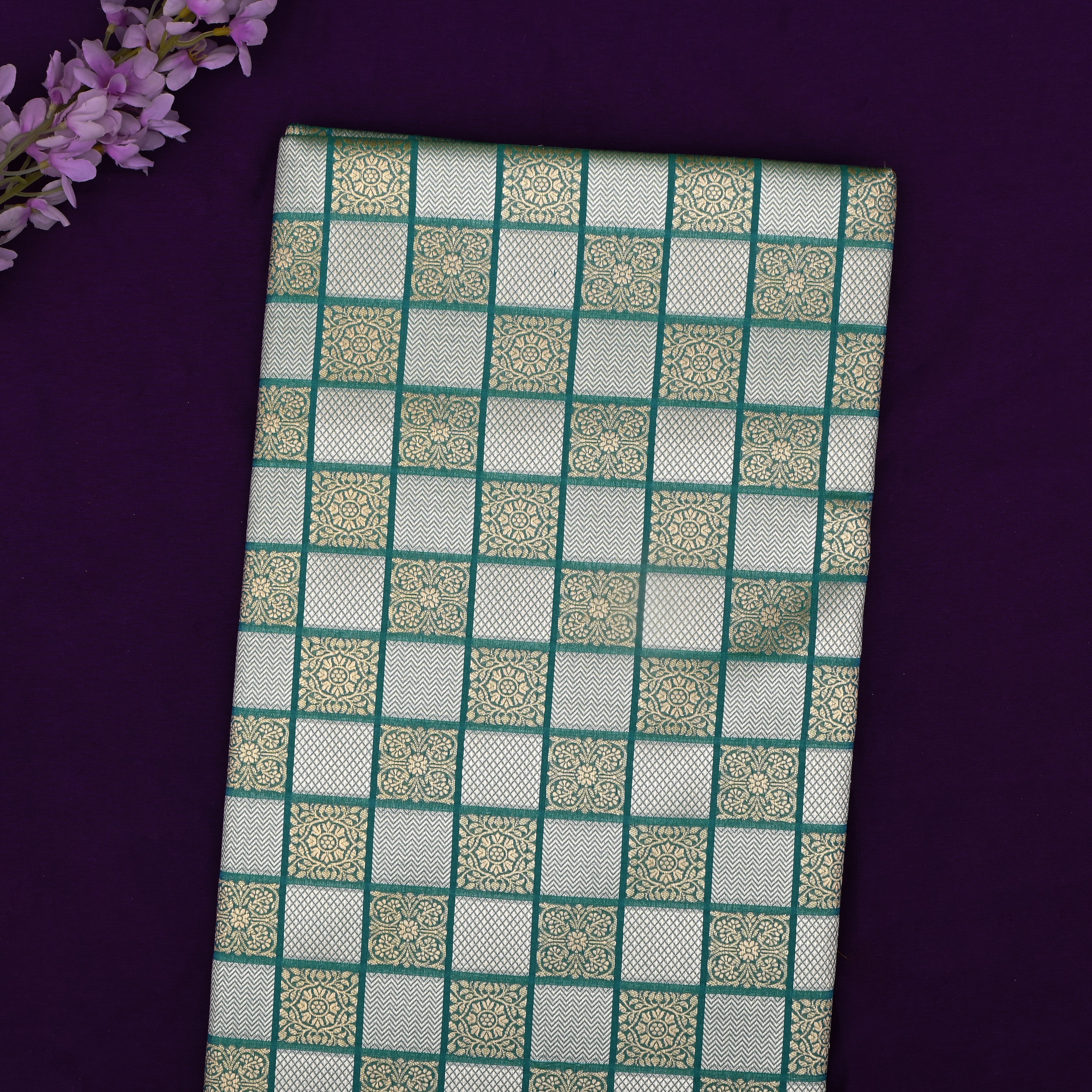 Shamrock Green Banarasi Fabric With Checked Pattern