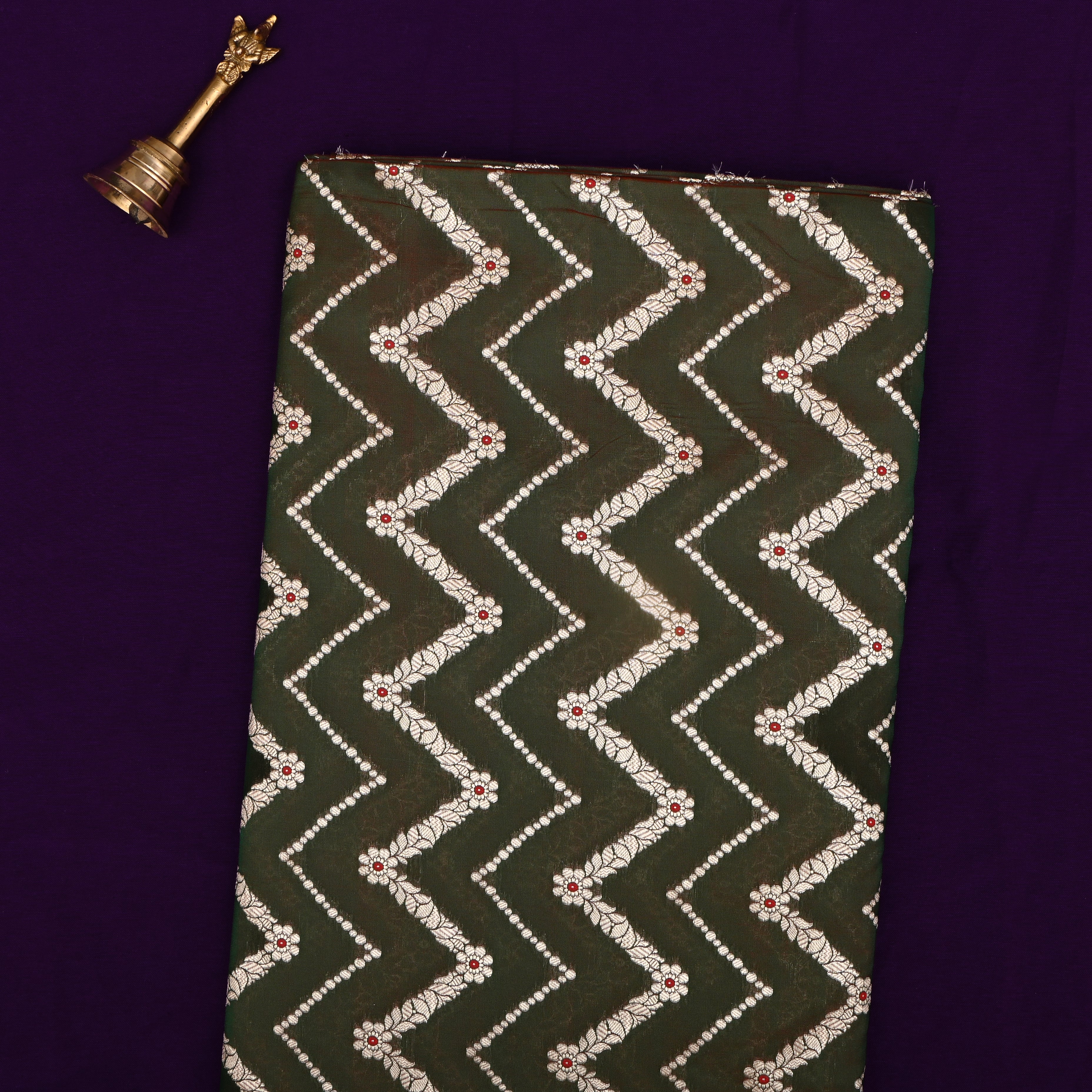 Dark Olive Green Jamawar Silk Fabric