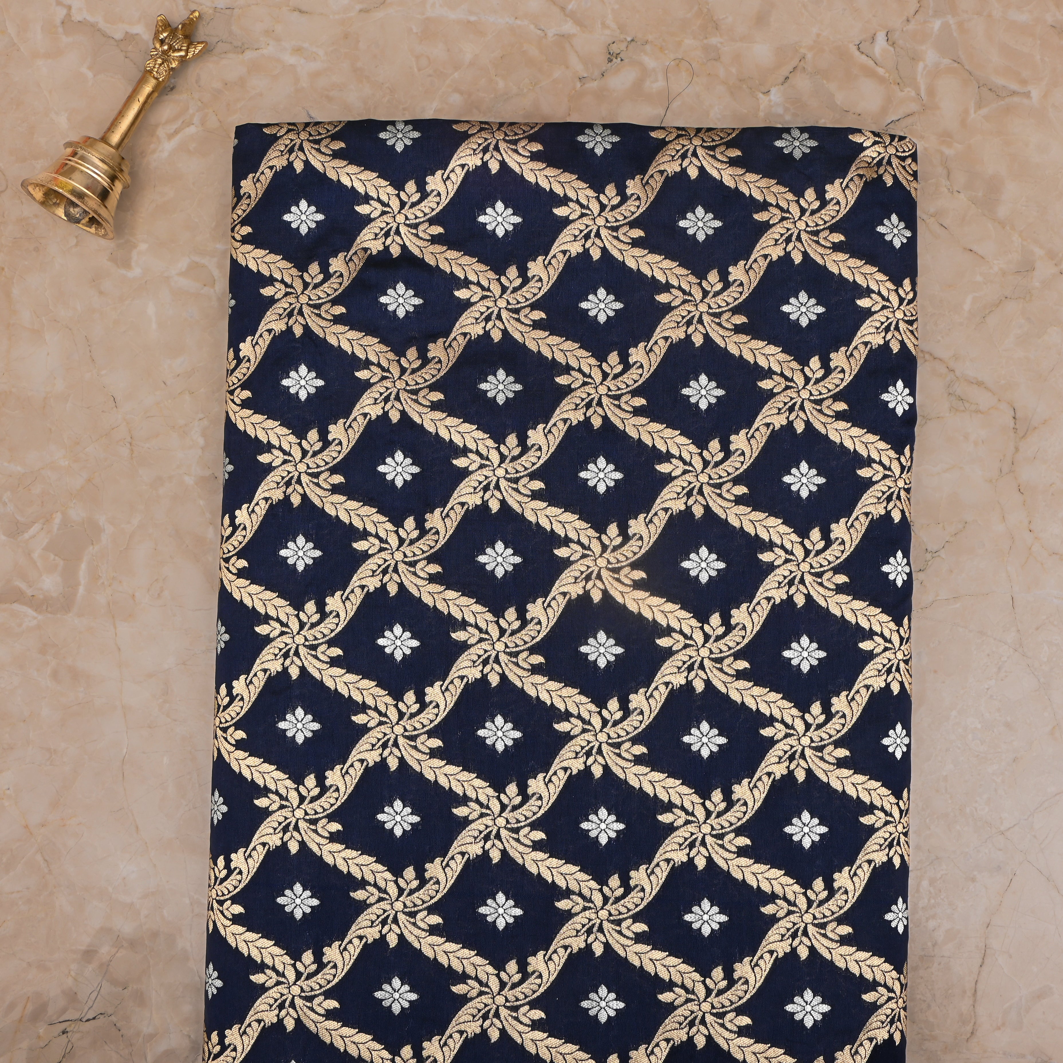 Dark Navy Blue Jamawar Silk Fabric With Floral Butti'S