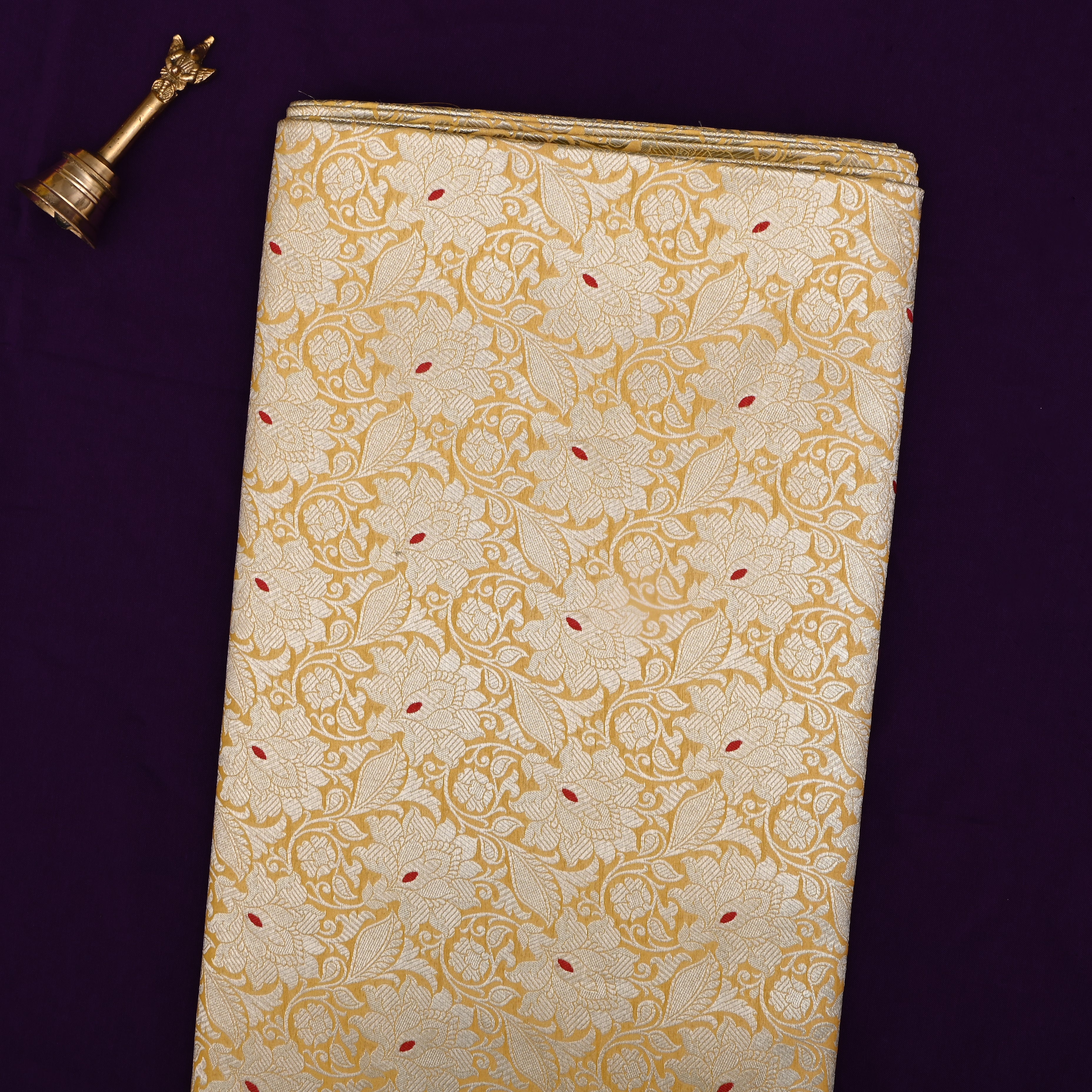 Yellow Jamawar Silk Fabric With Floral Weave