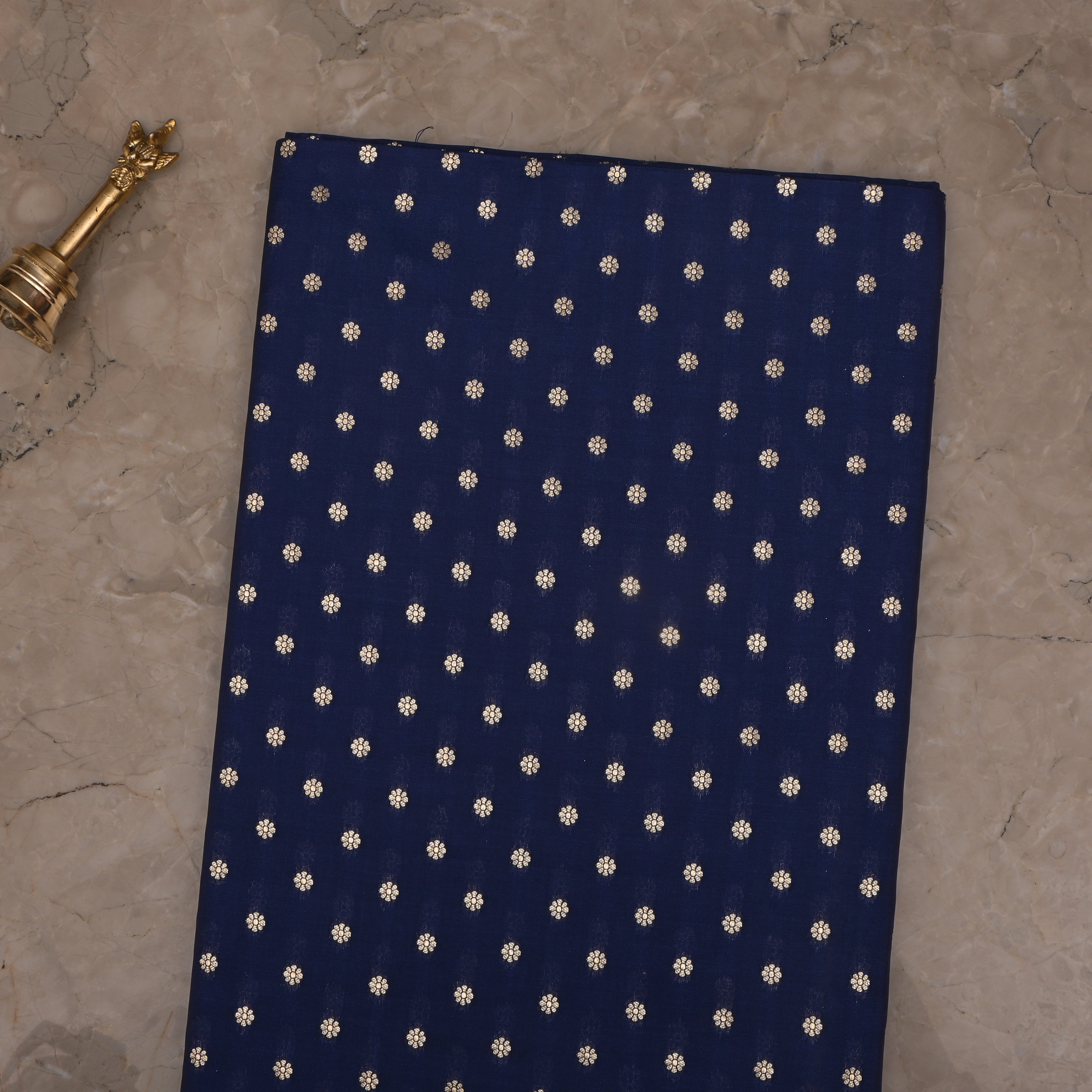 Dark Navy Blue Jamawar Silk Fabric With Floral Butti'S