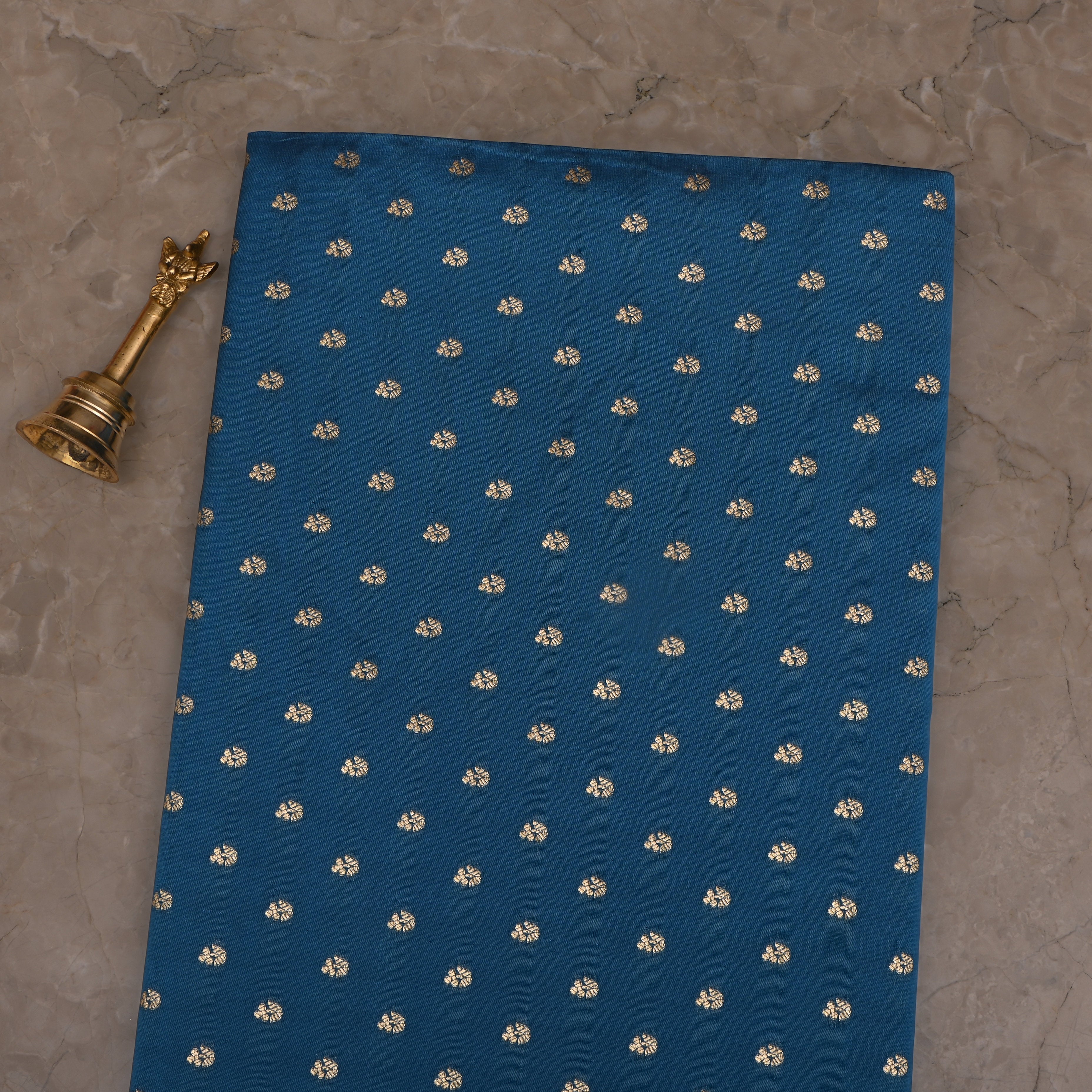 Indigo Dye Blue Jamawar Silk Fabric With Floral Butti'S