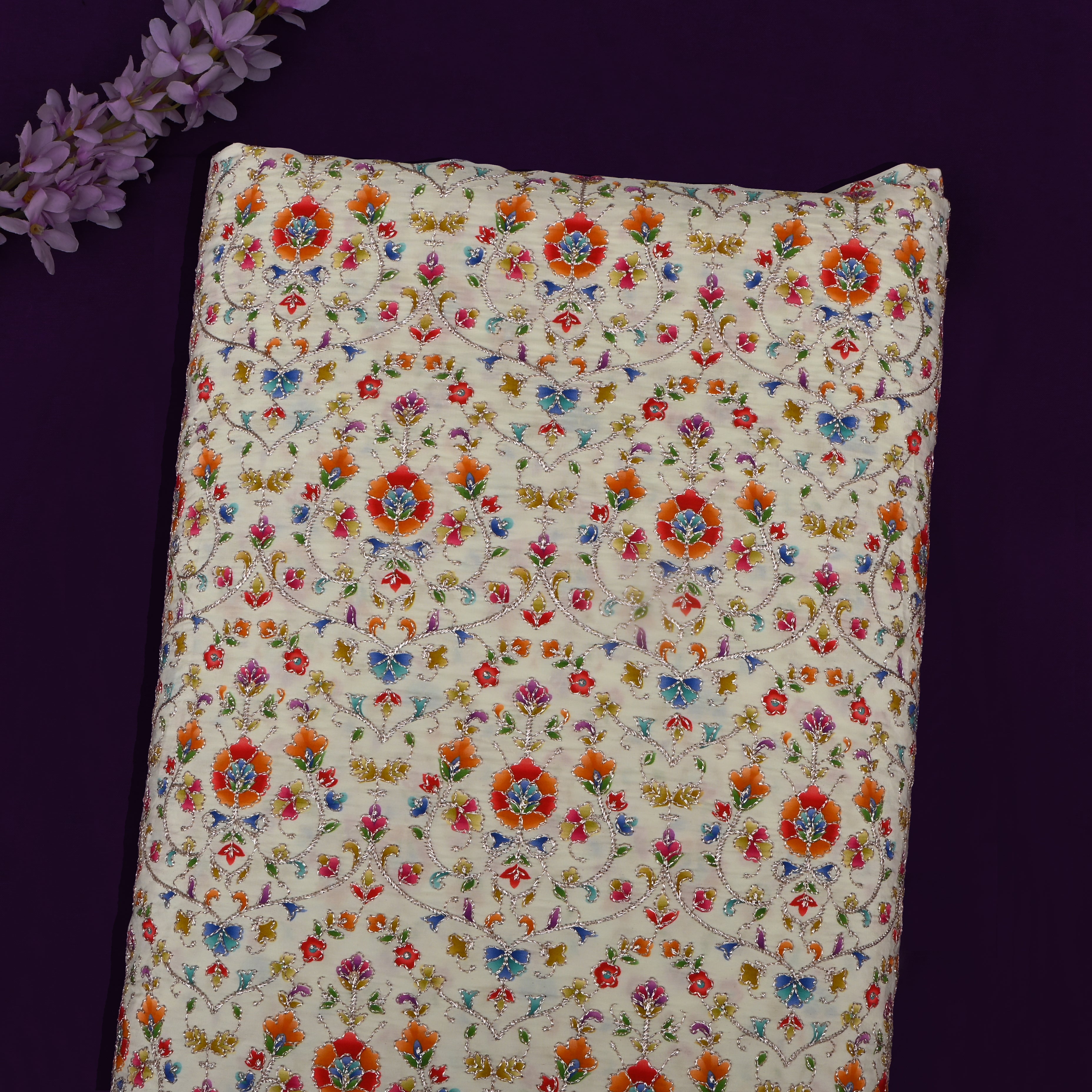 Cream Organza Fabric With Printed Embroidery