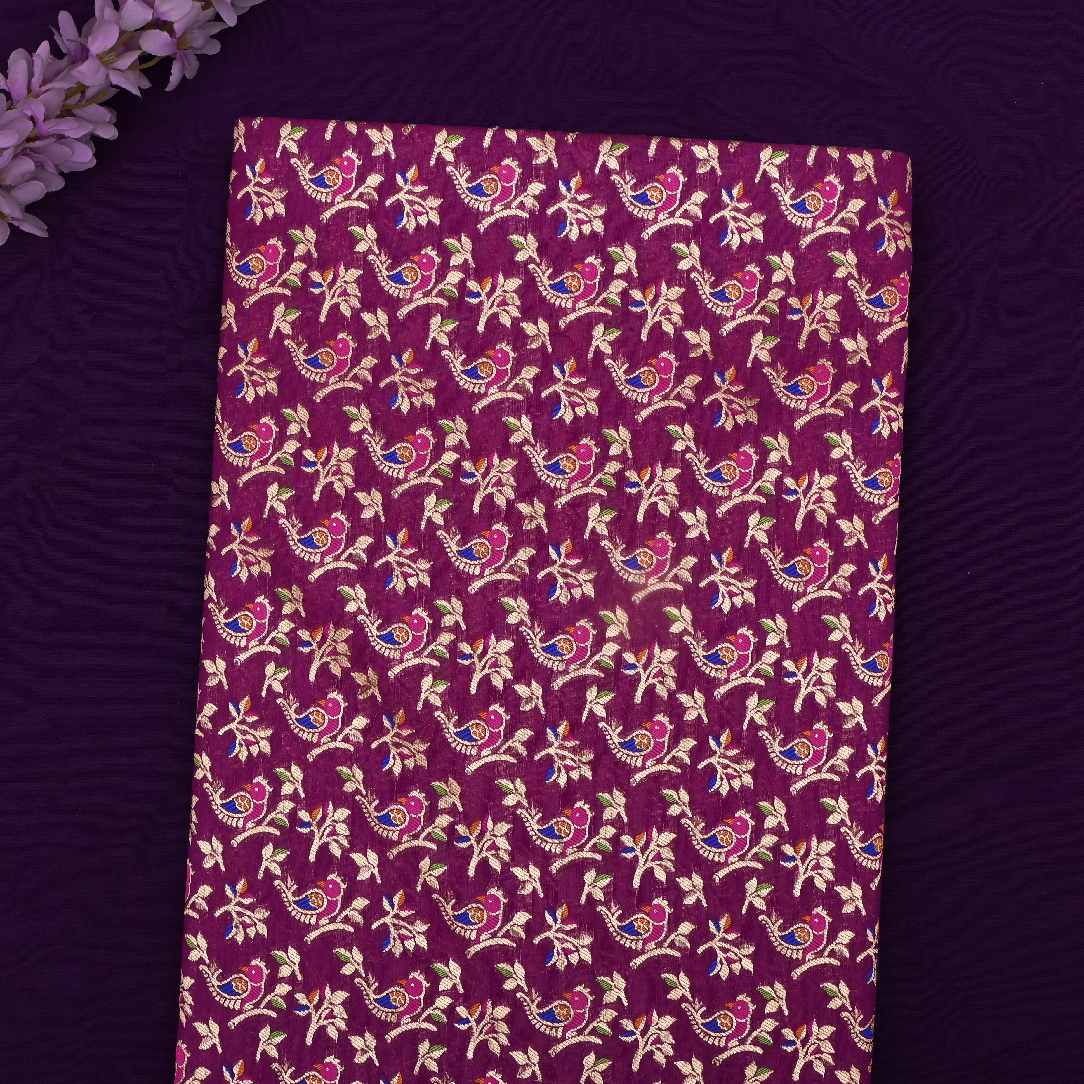 Magenta Purple Banarasi Fabric With Avian Pattern