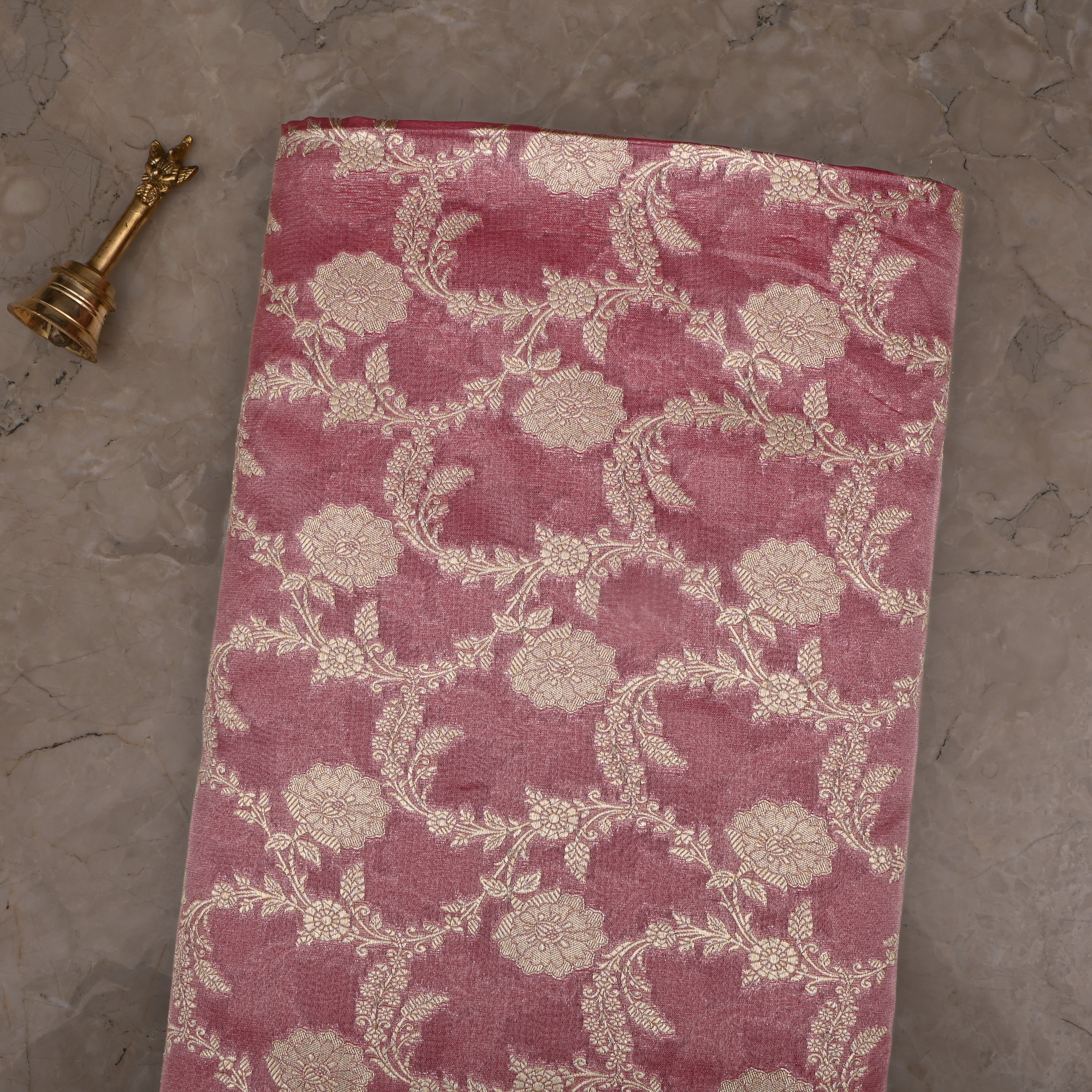 Dusty Pink Jamawar Tissue Fabric With Floral Jaal