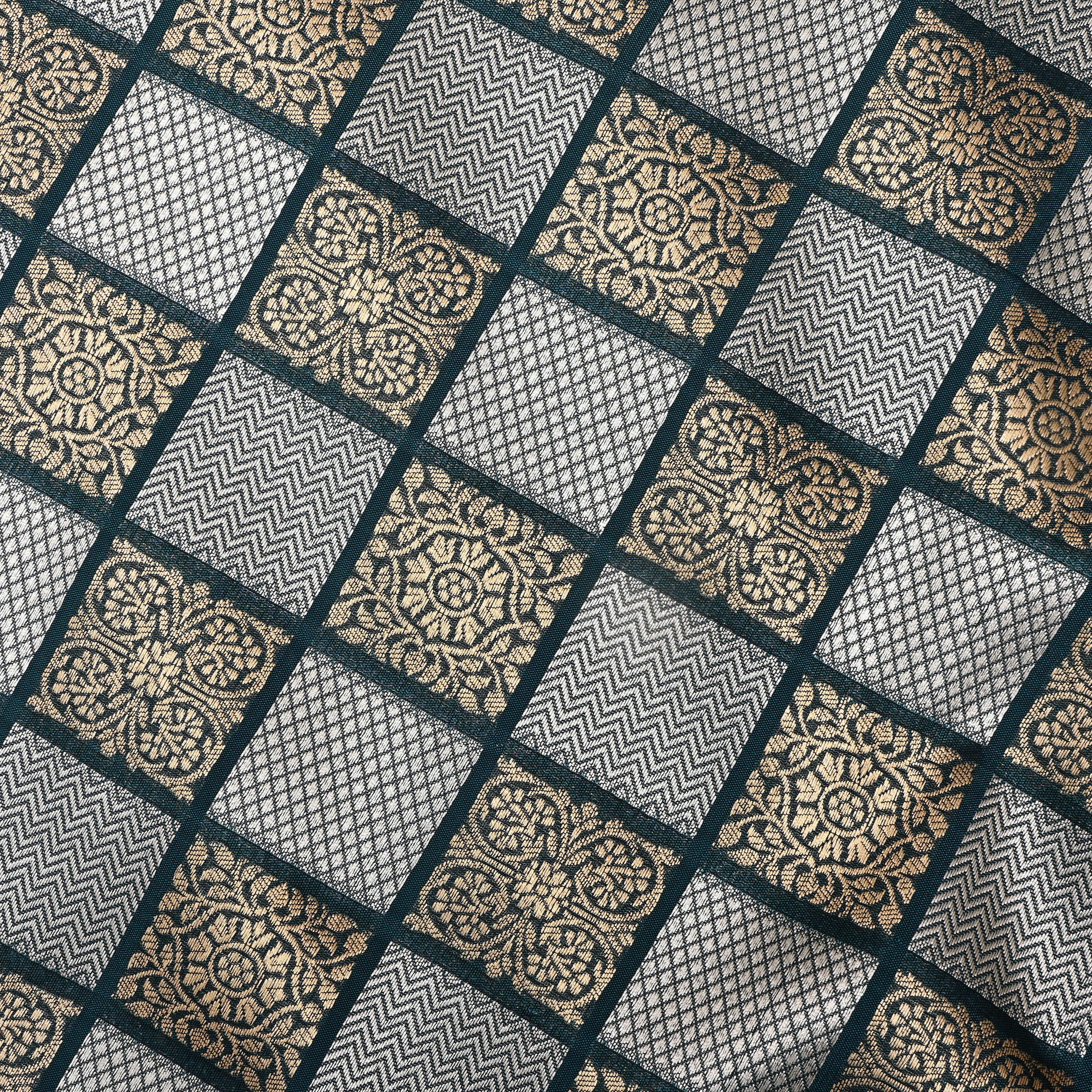 St Patrick'S Blue Banarasi Fabric With Checked Pattern