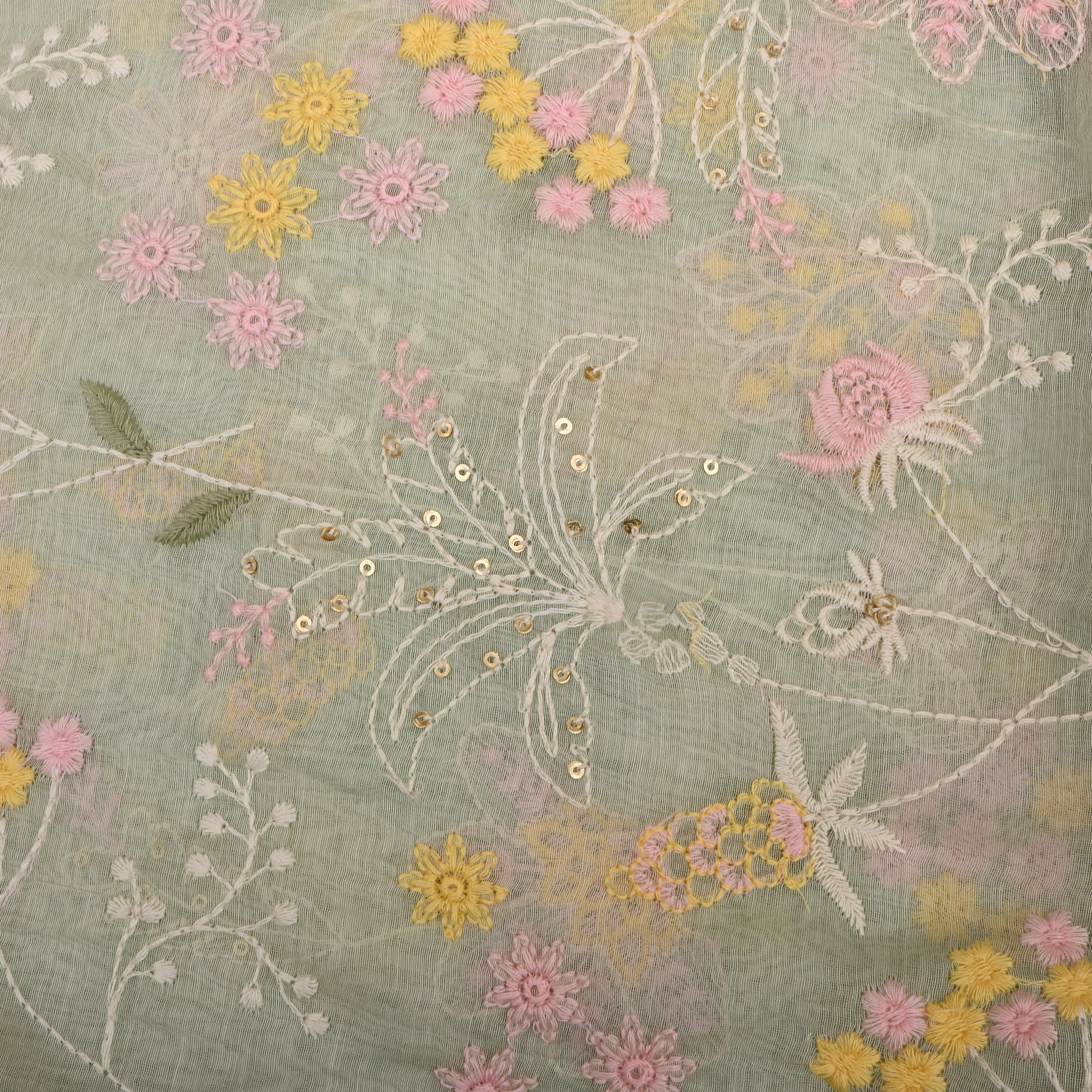 Pista Green Mul Chanderi Fabric With Embroidery