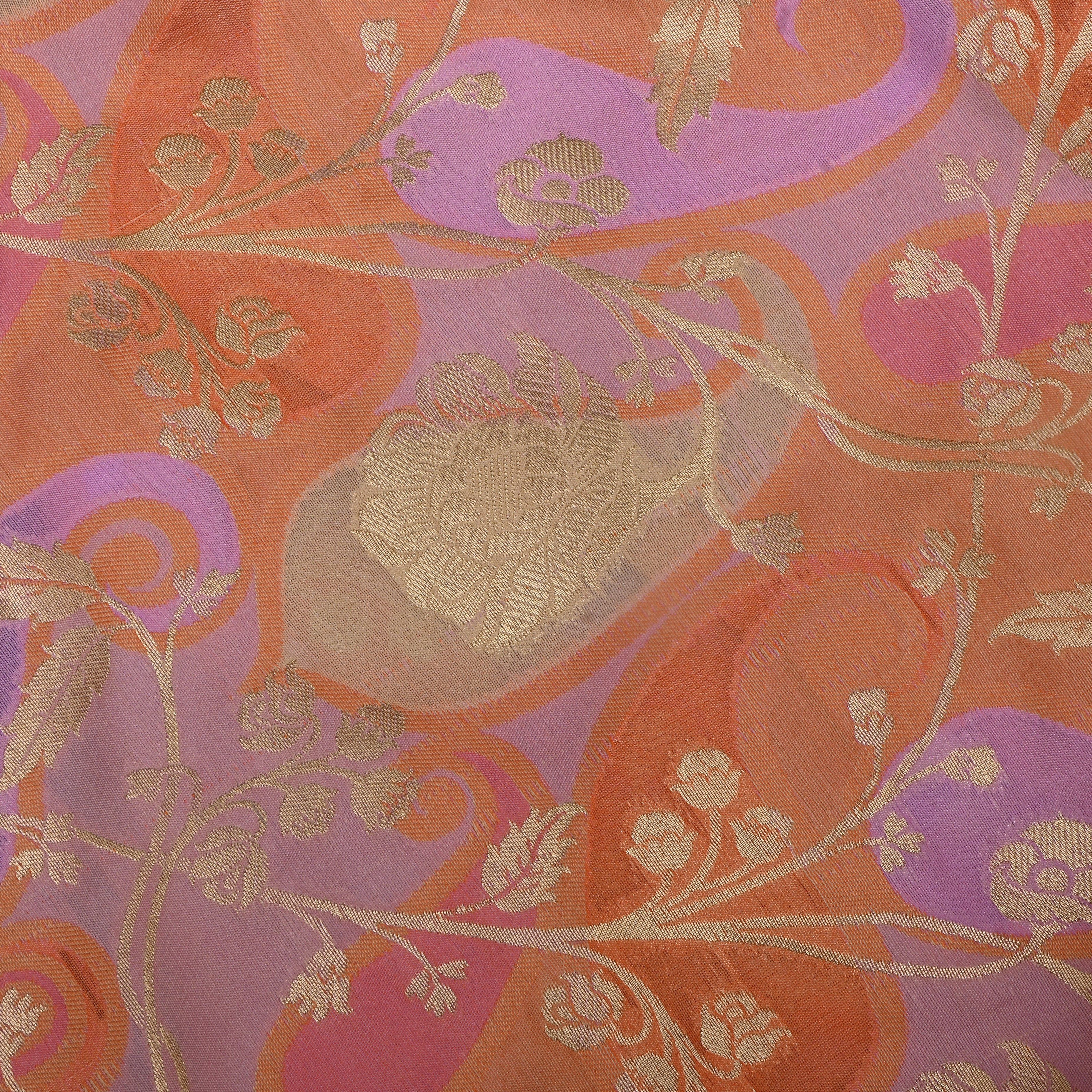 Peach Orange Banarasi Fabric With Golden Jaal