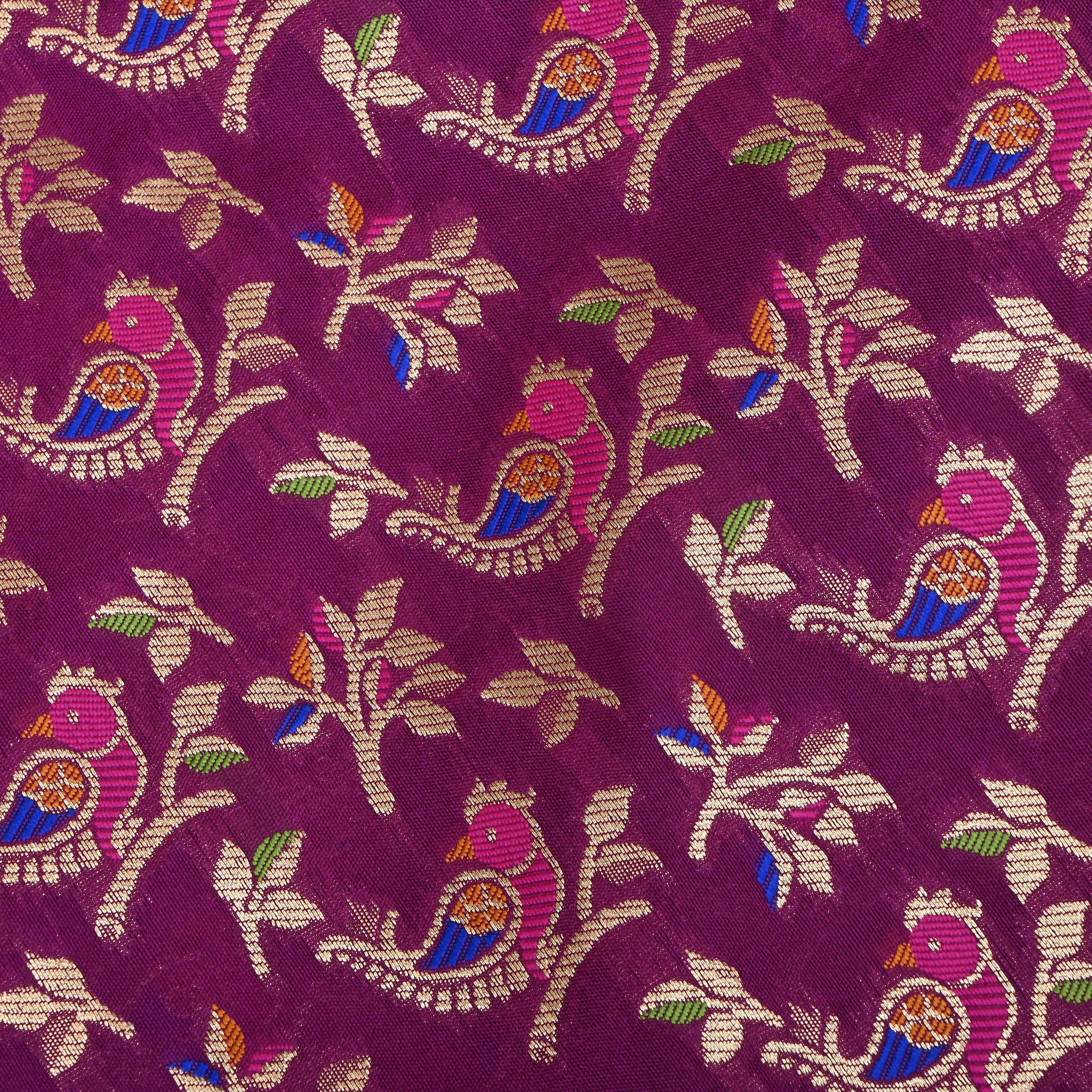 Magenta Purple Banarasi Fabric With Avian Pattern