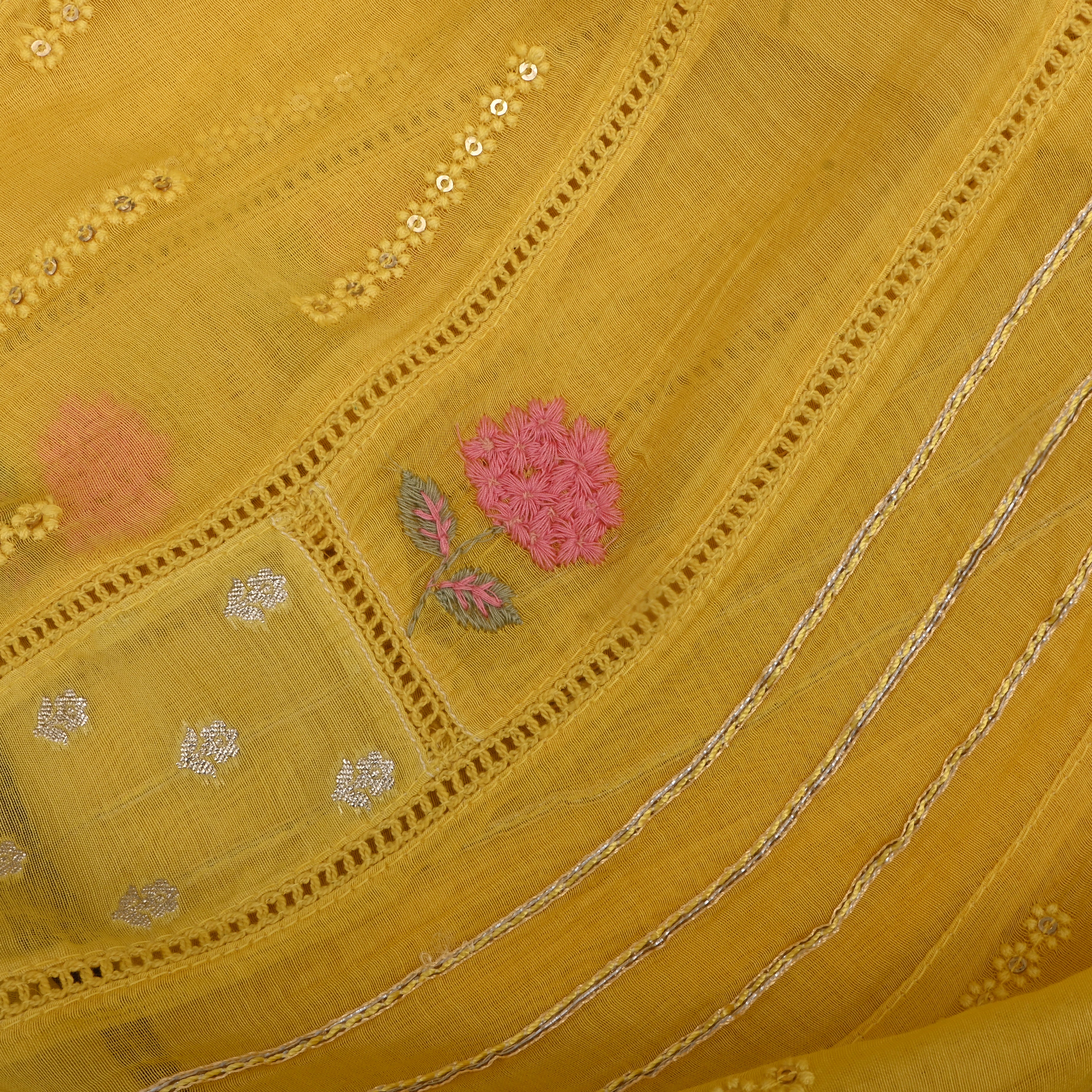 Vibrant Yellow Chanderi Fabric With Embroidery And Weave Work