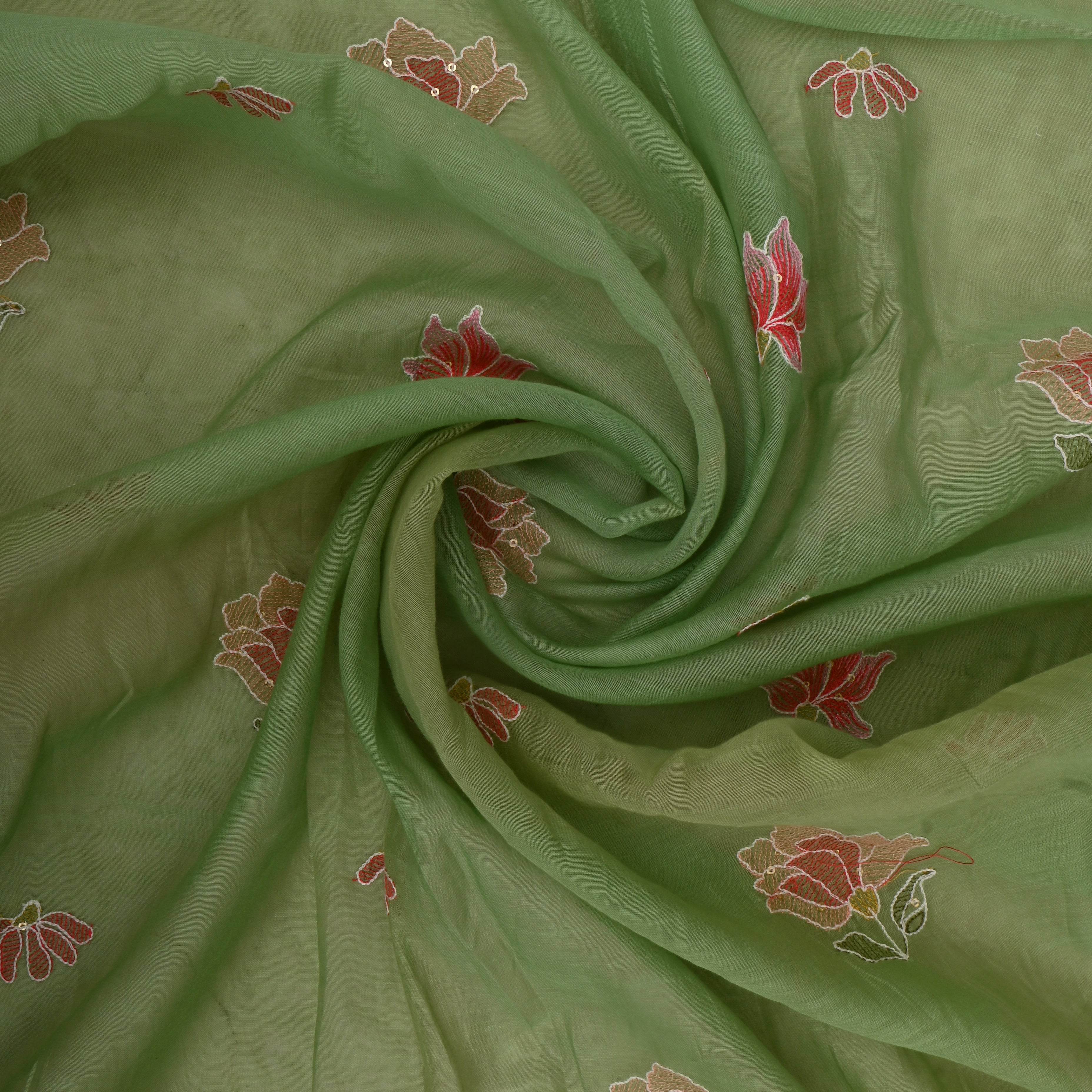 Pista Green Mulchanderi Fabric Thread Embroidery