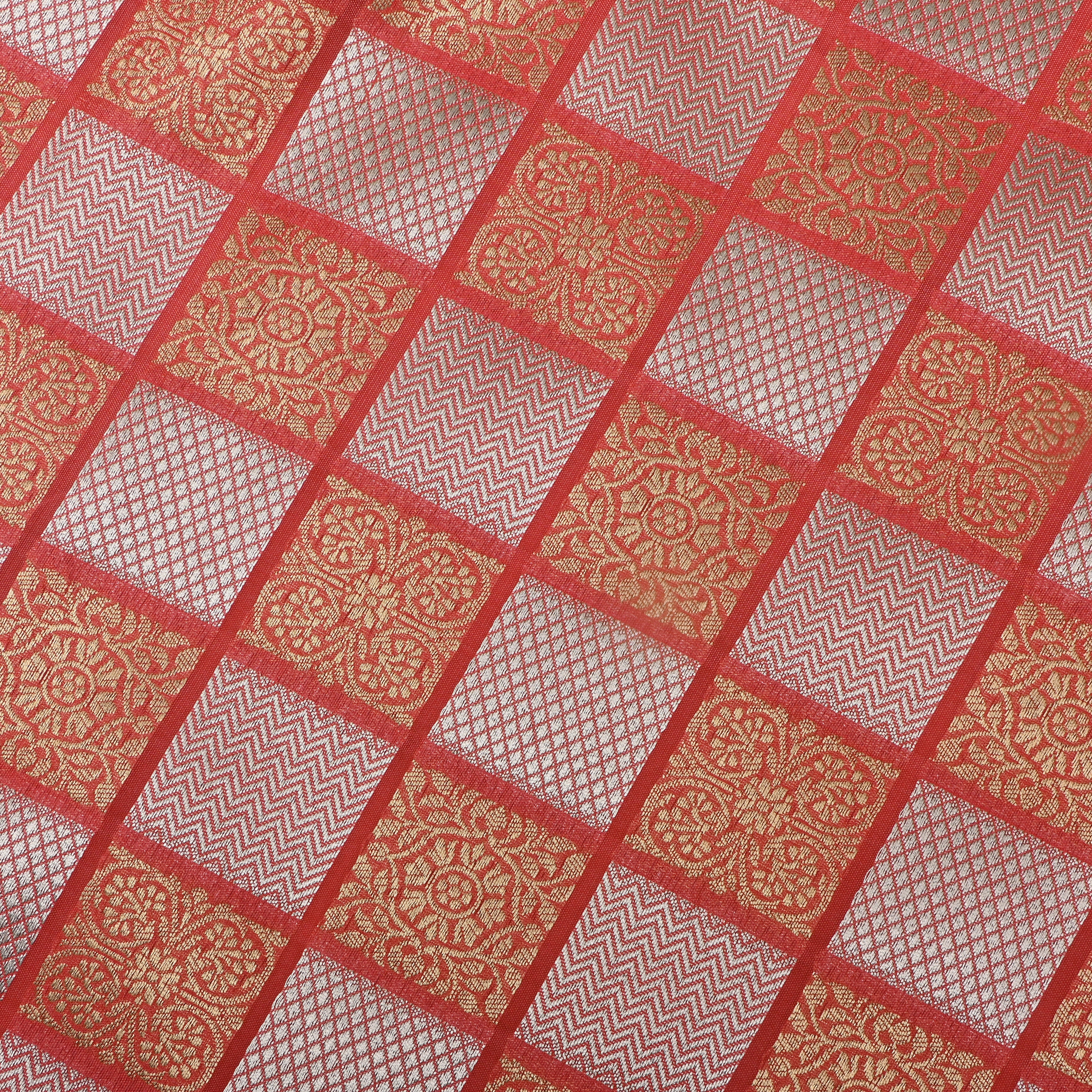 Coral Peach Banarasi Fabric With Checked Patterns