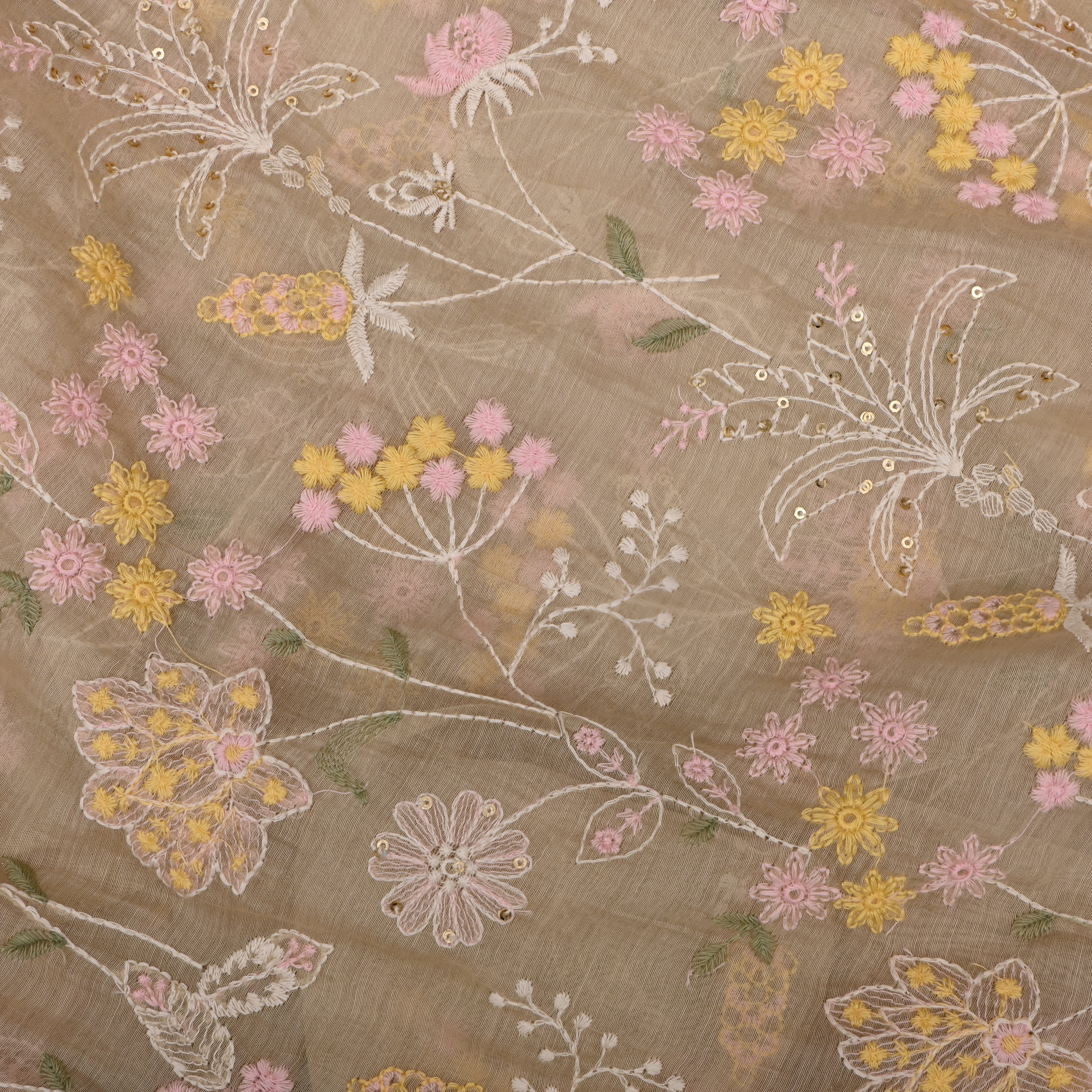 Gin Green Mul Chanderi Fabric With Embroidery