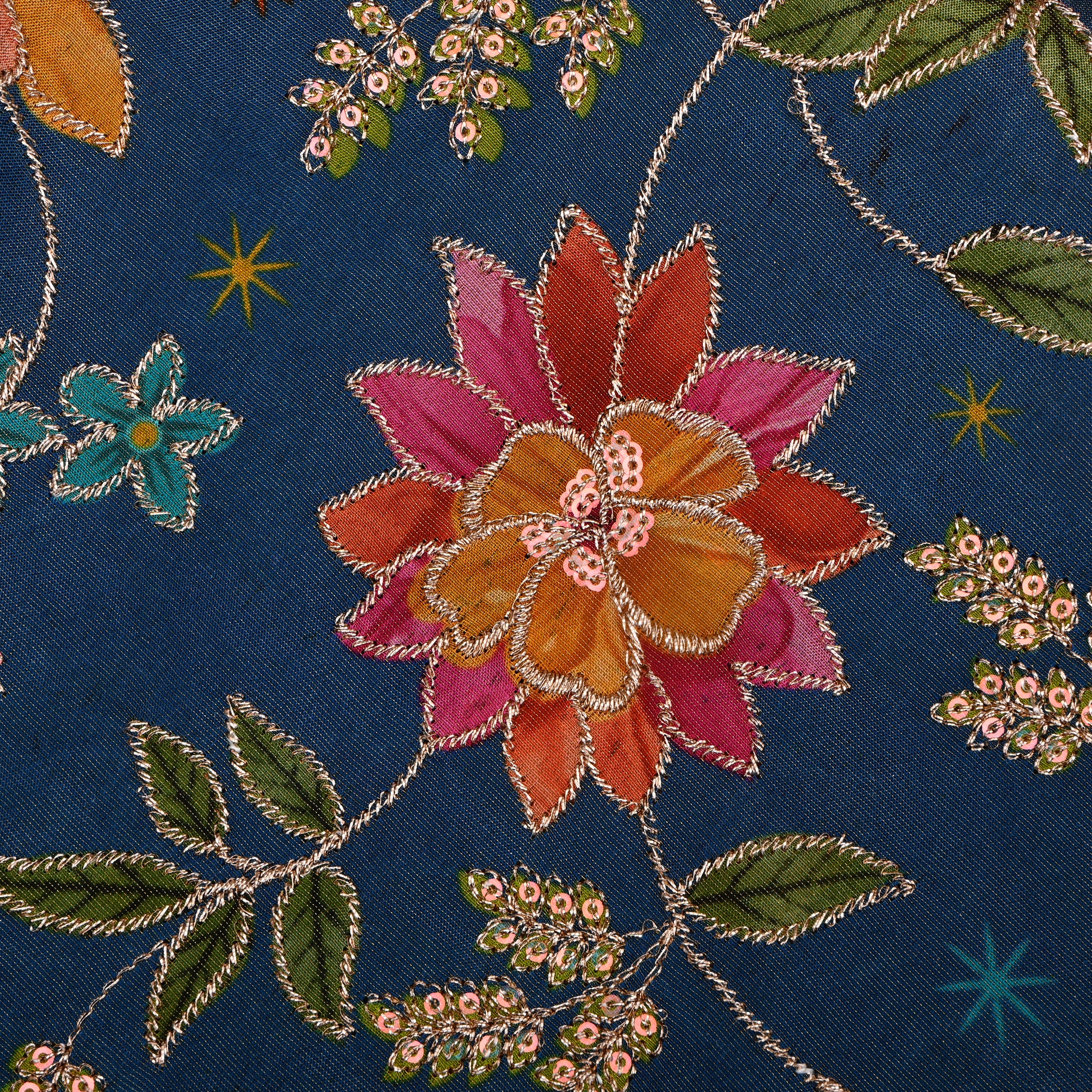 Lapis Blue Printed Floral Tissue Fabric With Embroidery