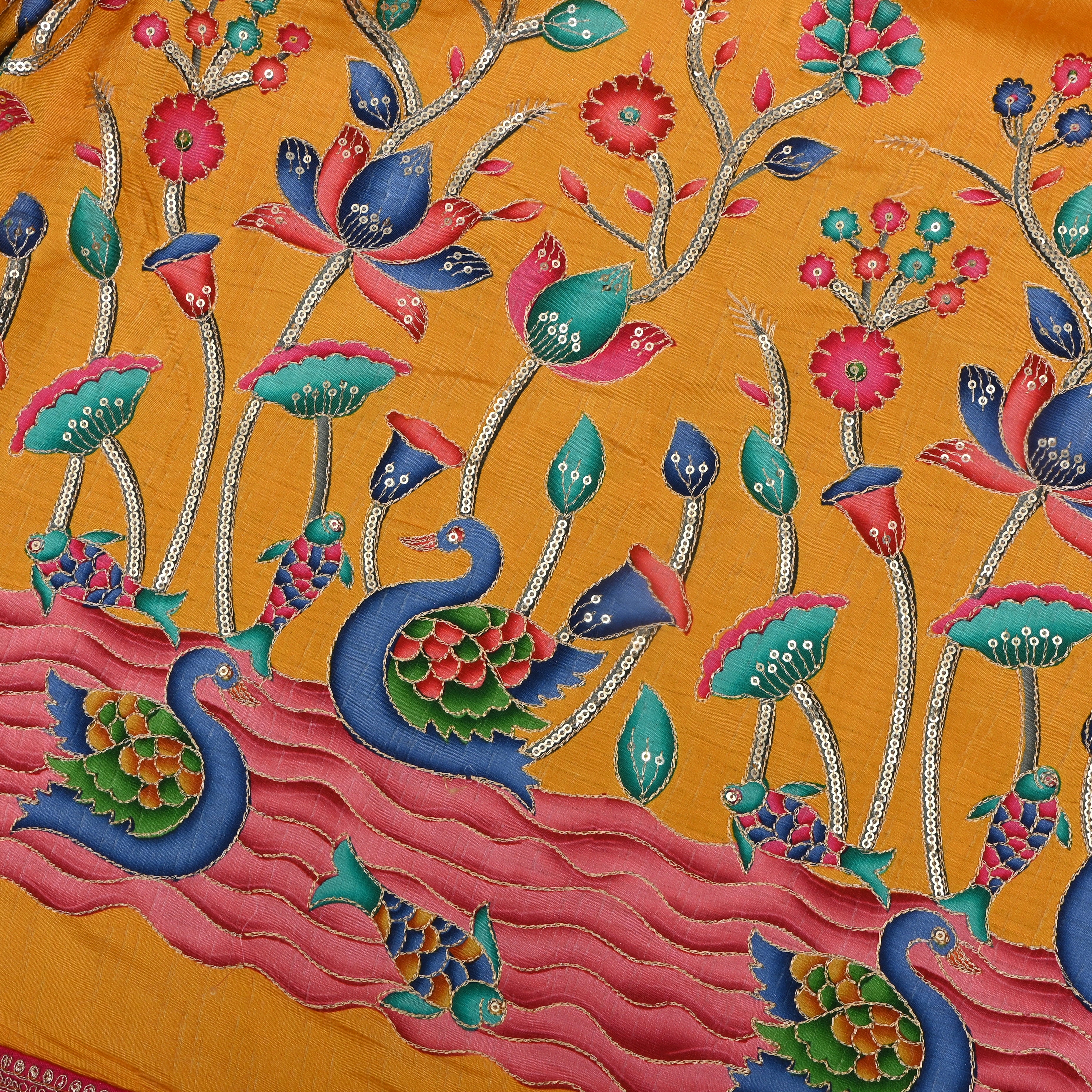 Beer Yellow Silk Fabric With Printed Embroidery