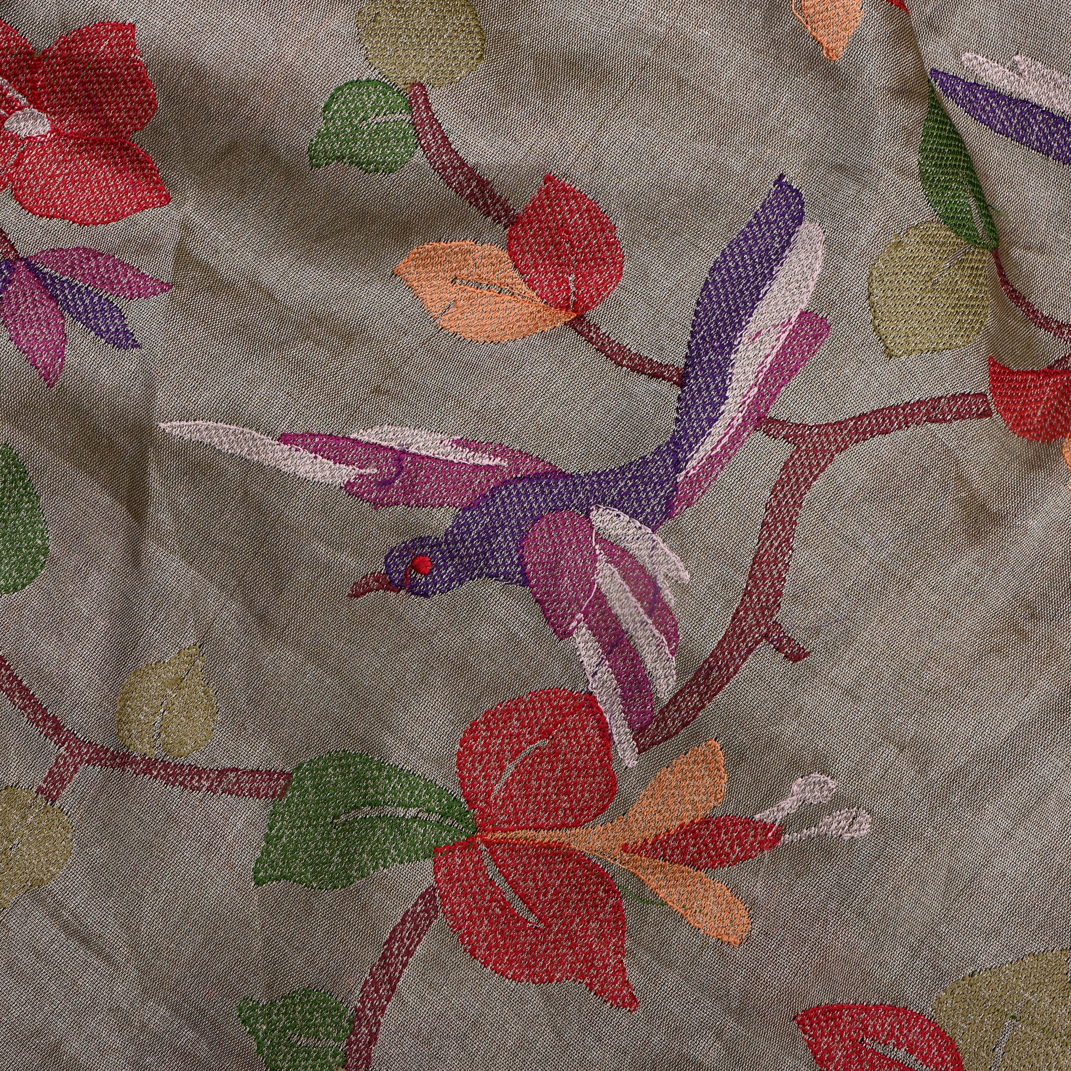 Silver Tissue Fabric With Avian Embroidery