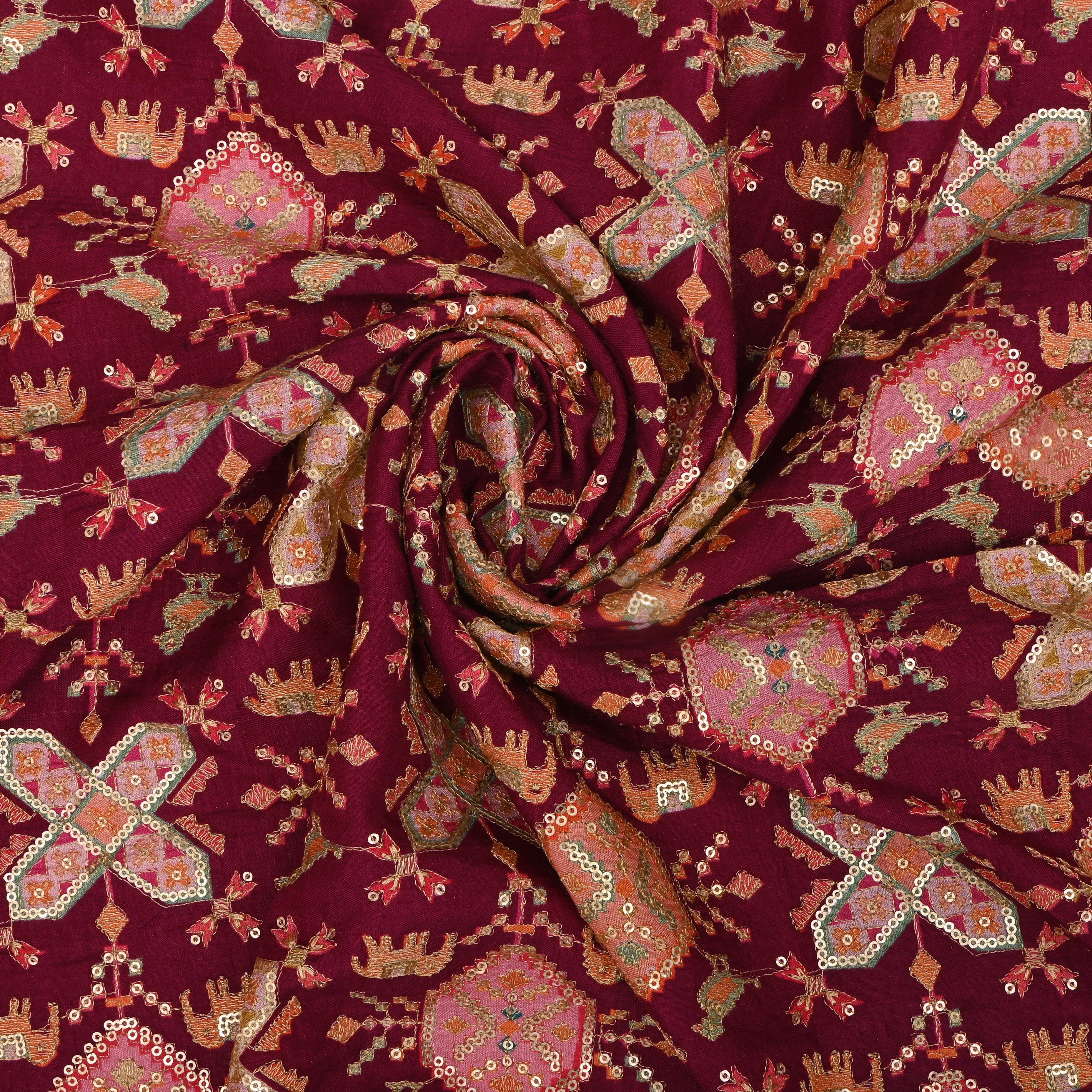 Purple Silk Fabric With Printed Embroidery