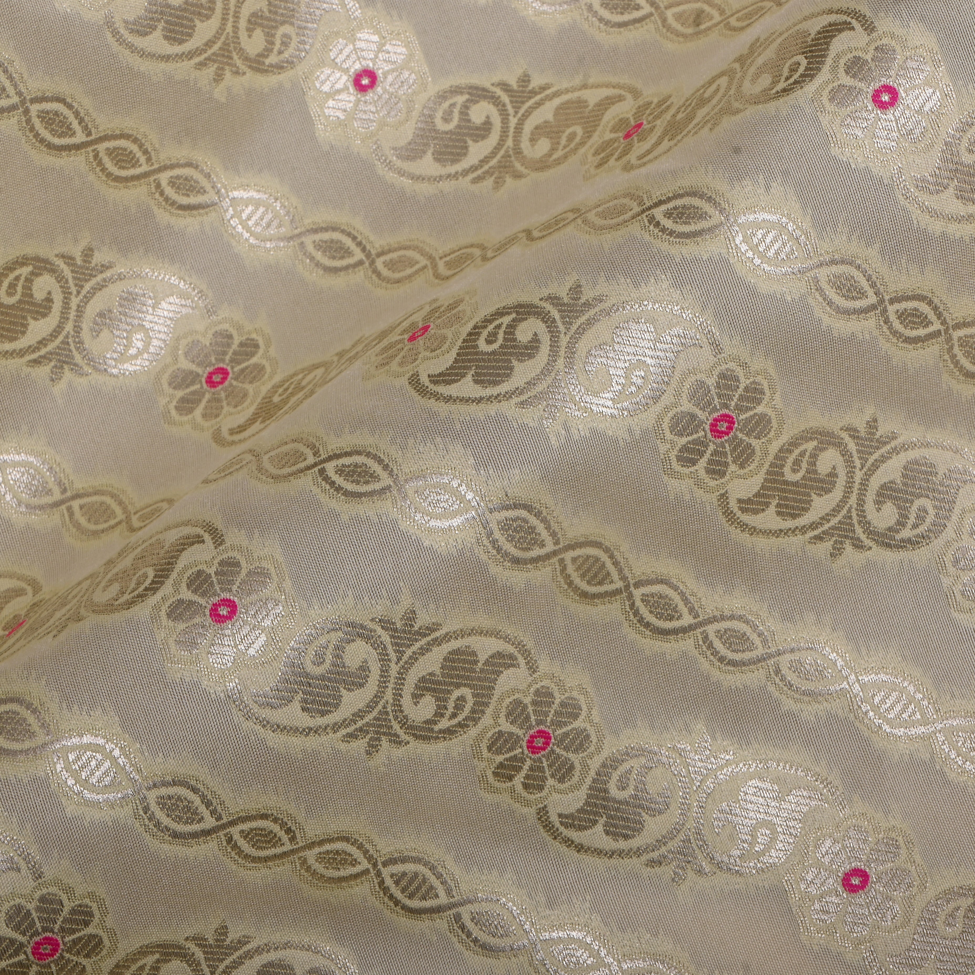 Pale Beige Jamawar Silk Fabric With Leheriya Pattern