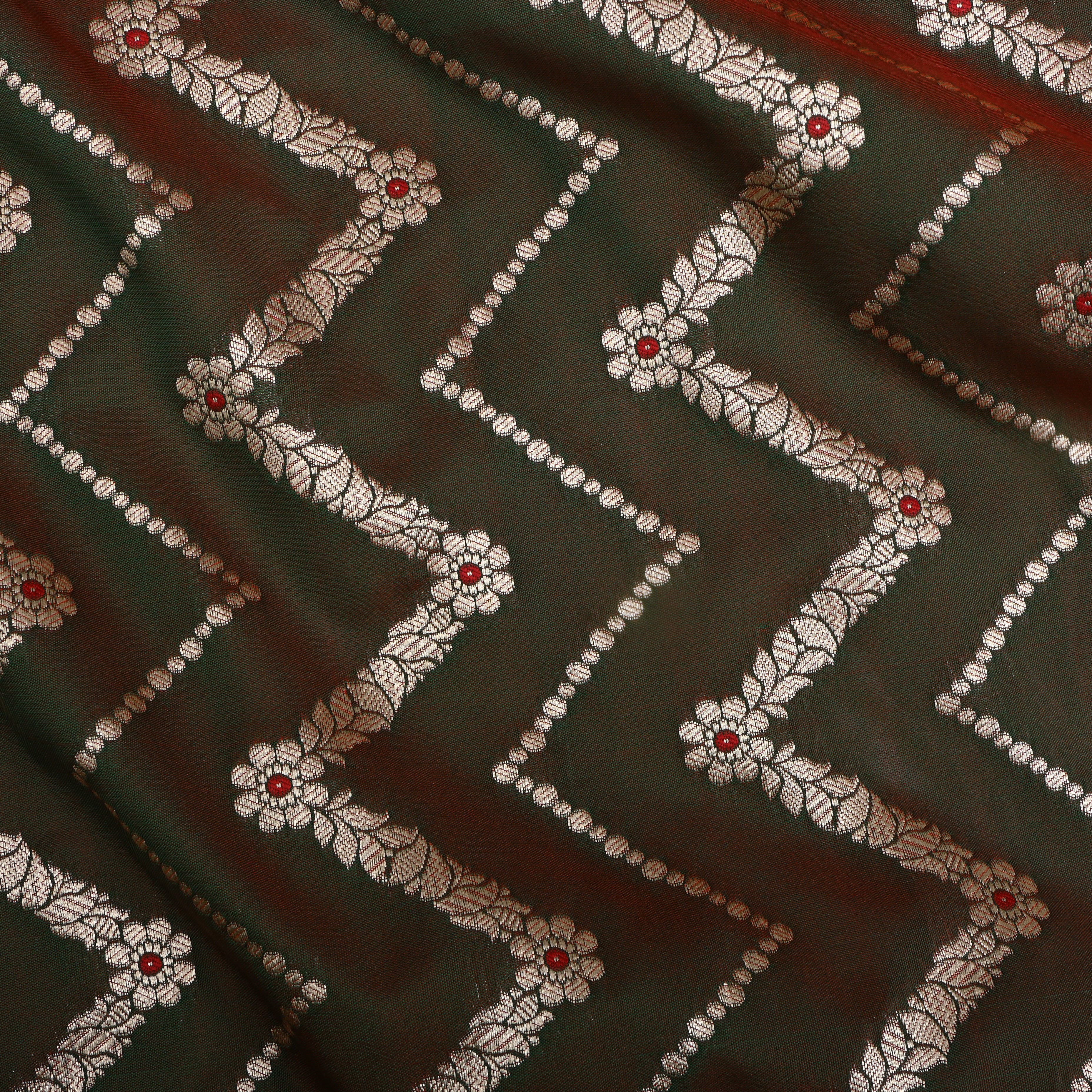 Dark Olive Green Jamawar Silk Fabric