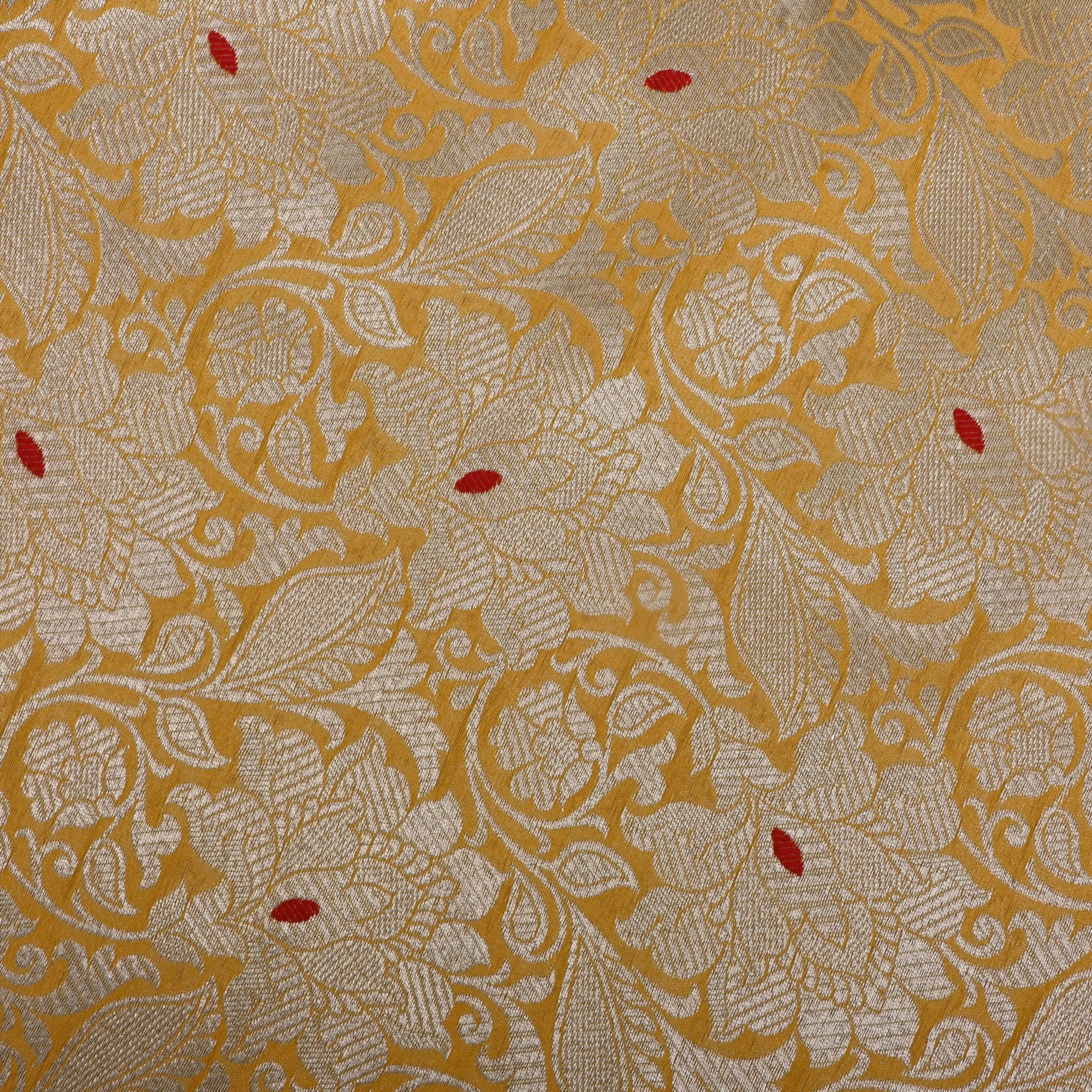 Yellow Jamawar Silk Fabric With Floral Weave