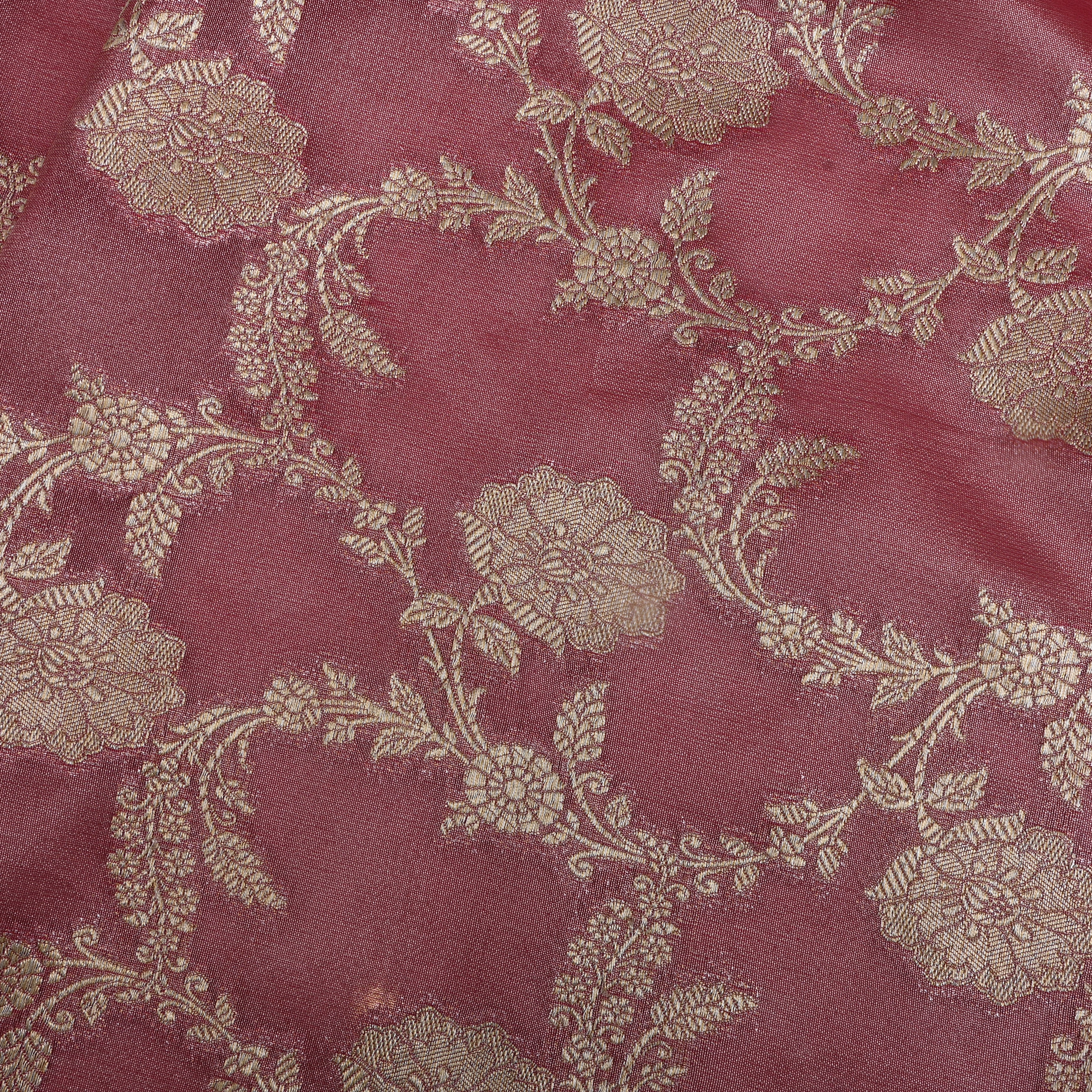 Dusty Pink Jamawar Tissue Fabric With Floral Jaal