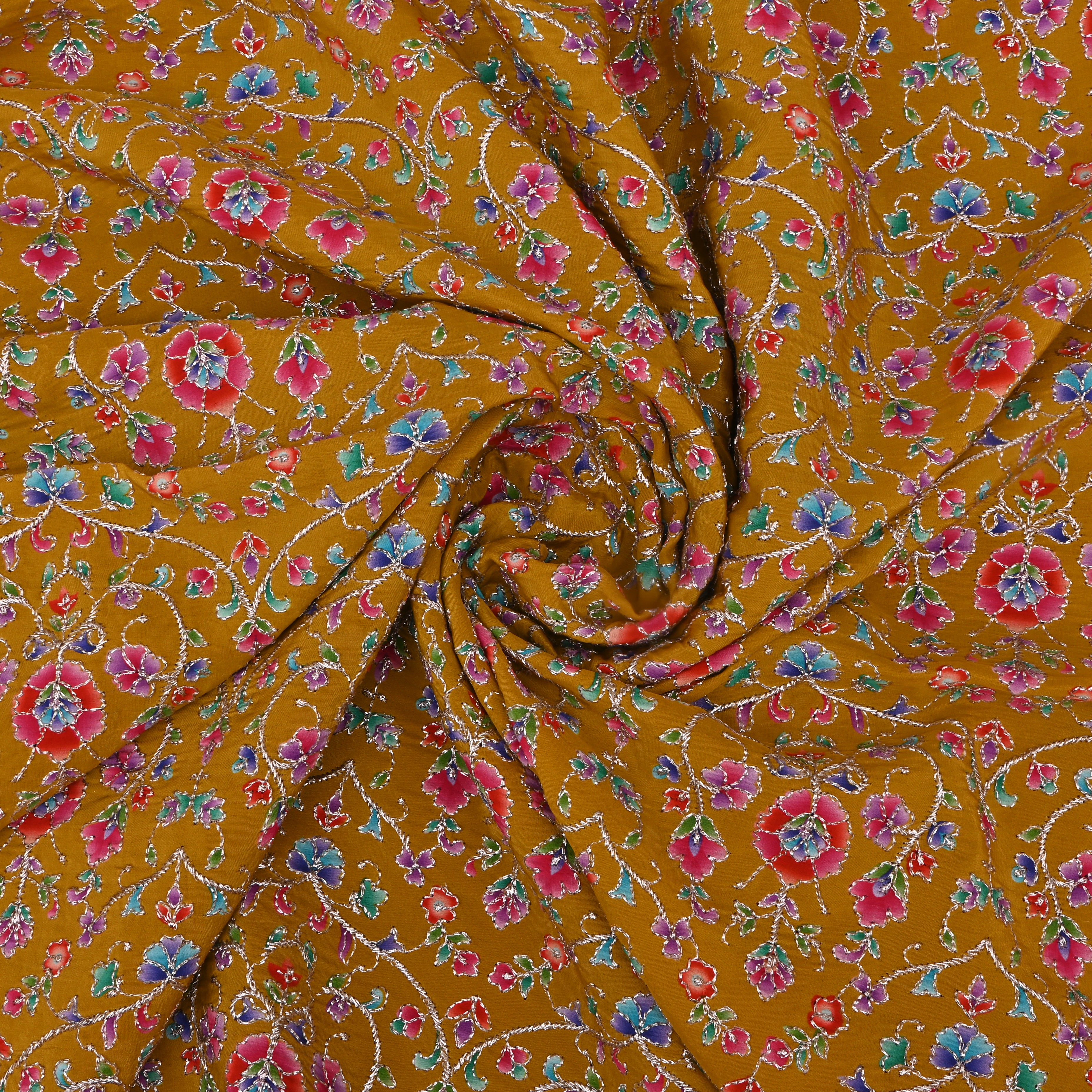 Gamboge Yellow Organza Fabric With Embroidery