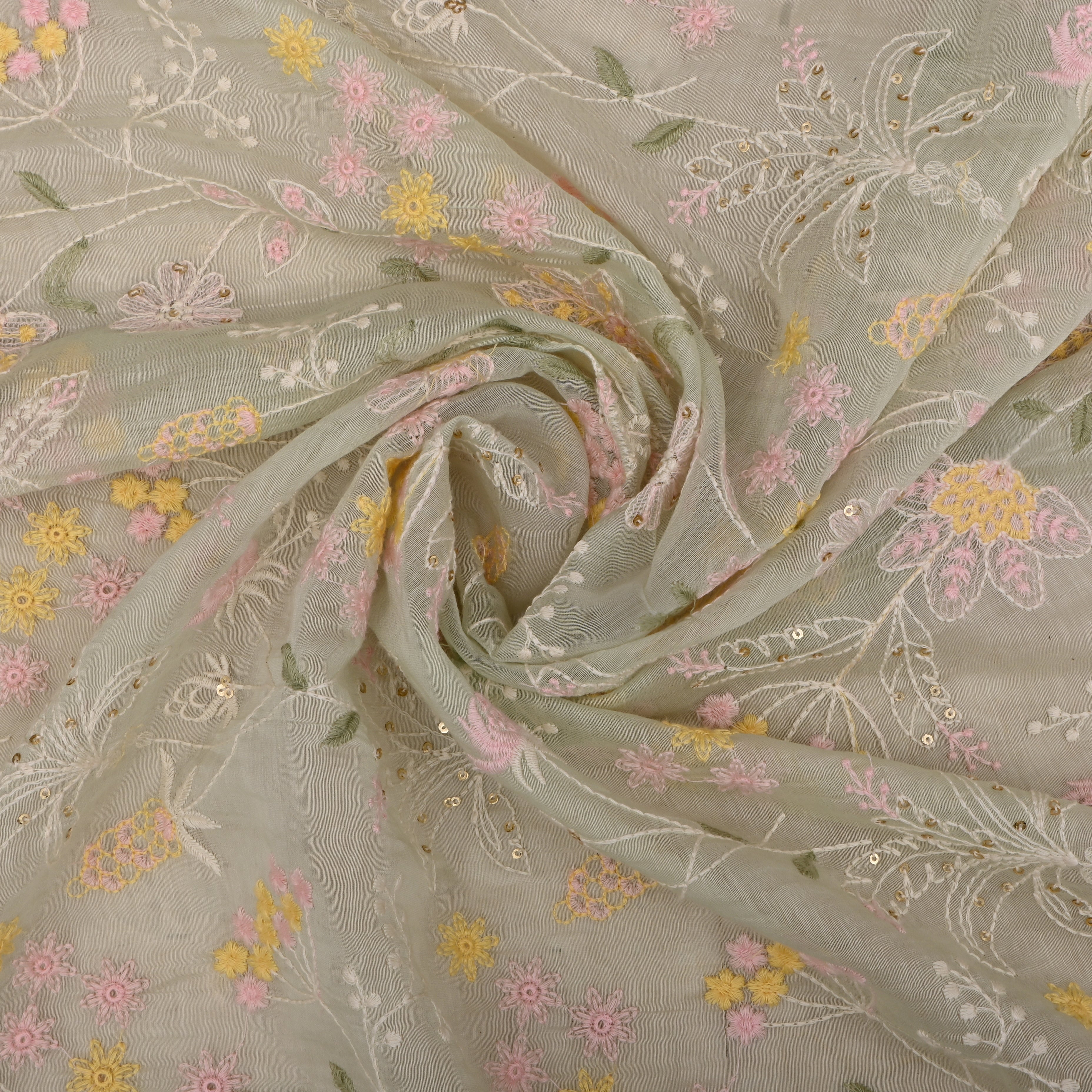 Pista Green Mul Chanderi Fabric With Embroidery