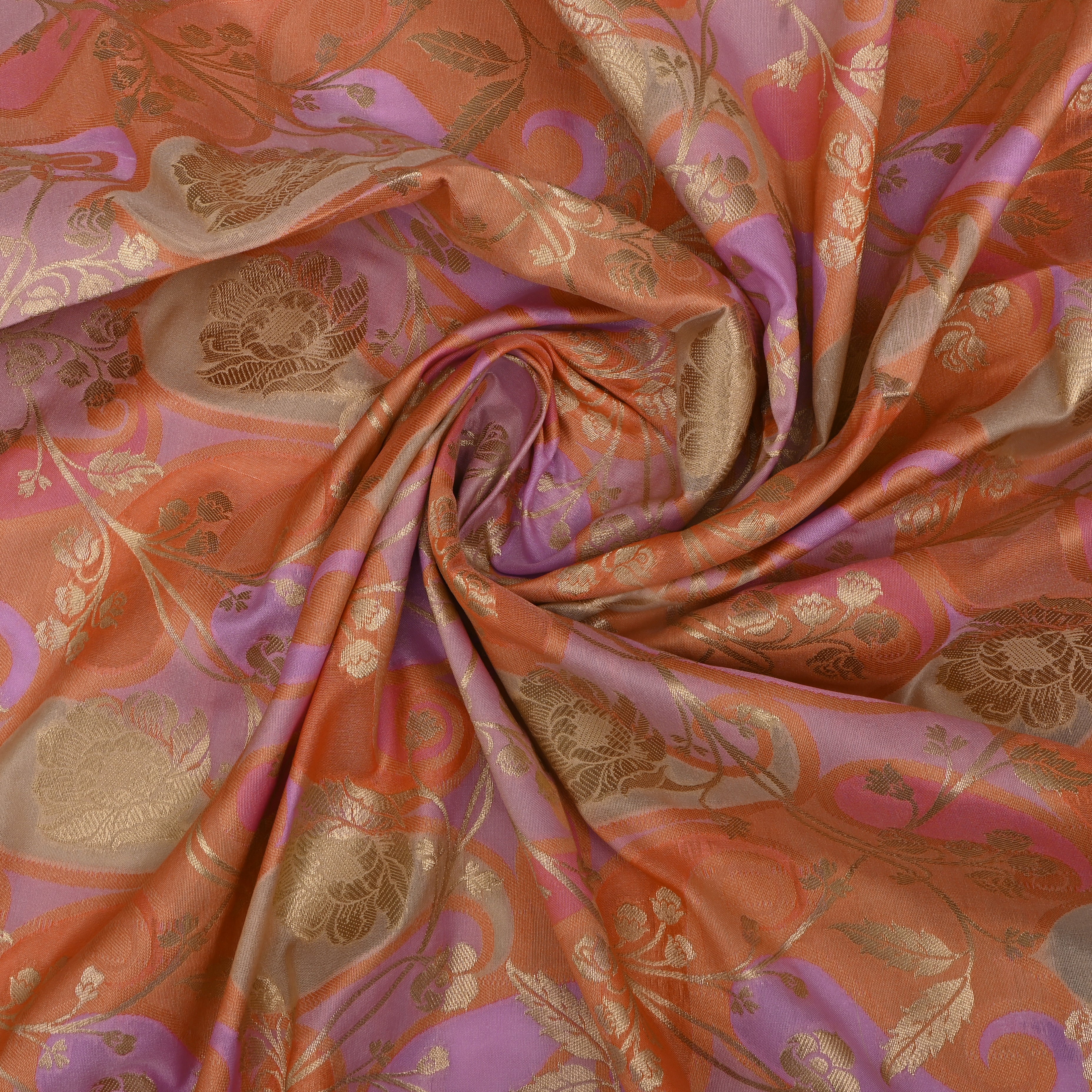 Peach Orange Banarasi Fabric With Golden Jaal