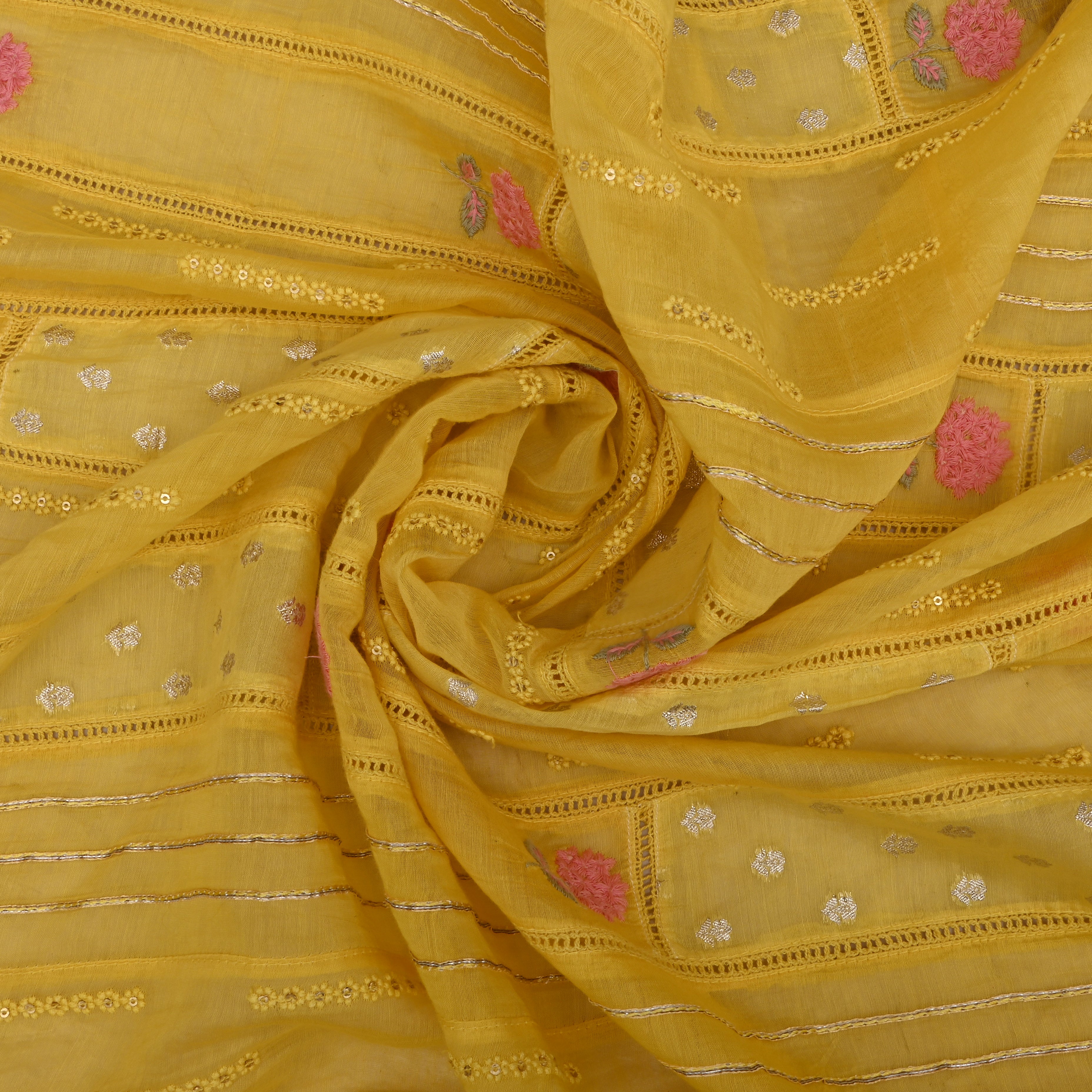 Vibrant Yellow Chanderi Fabric With Embroidery And Weave Work