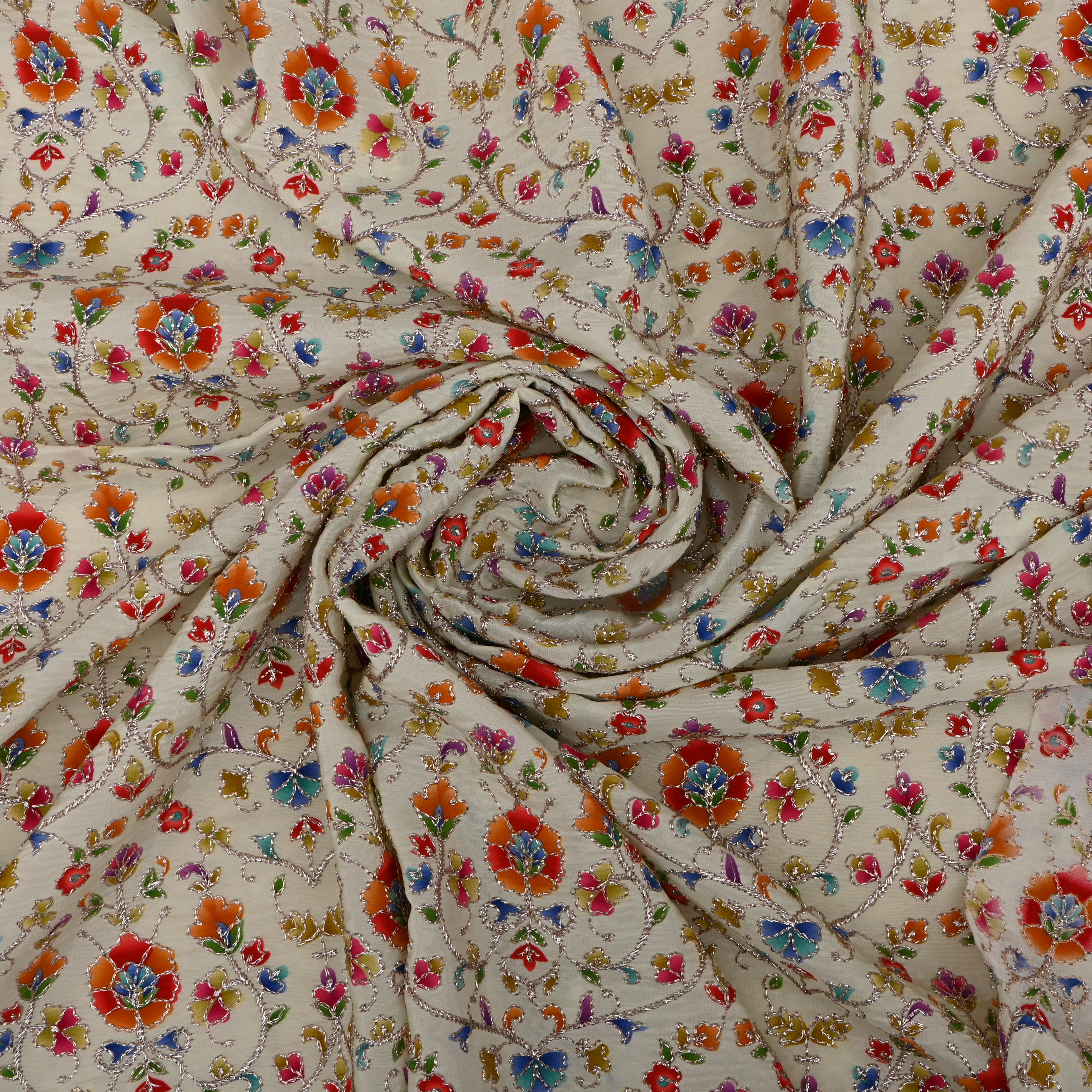 Cream Organza Fabric With Printed Embroidery