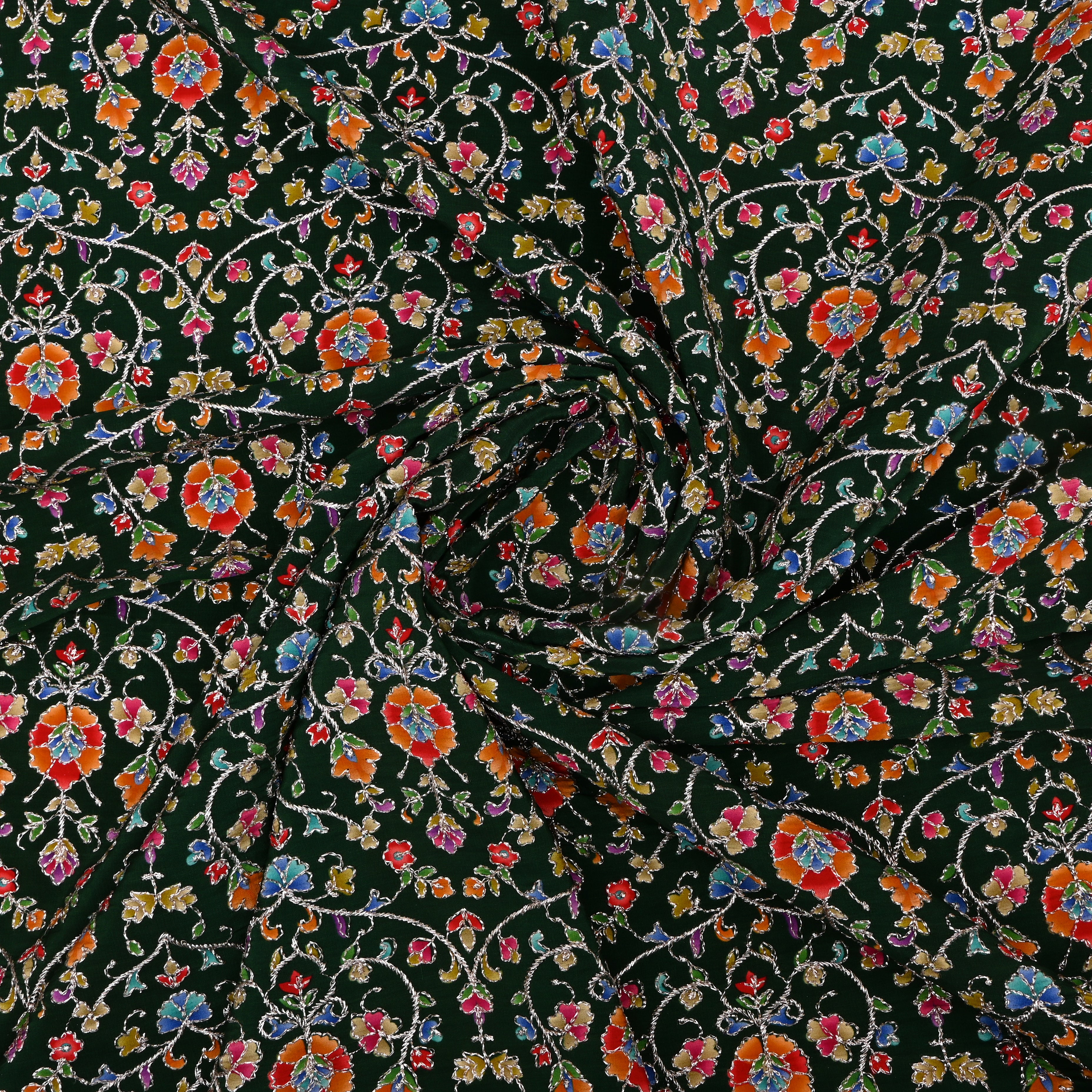 Dark Green Organza Fabric With Embroidery