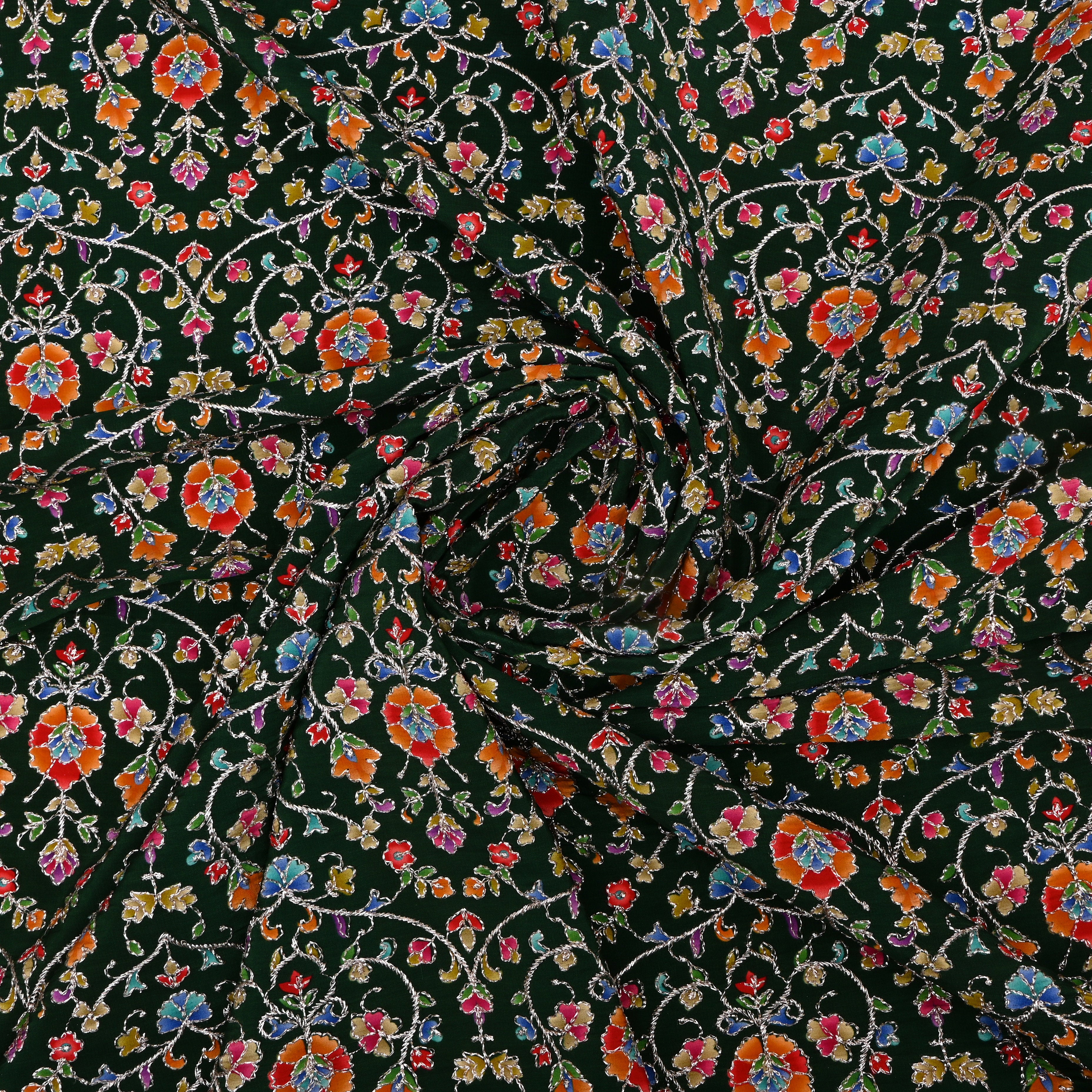 Dark Green Organza Fabric With Embroidery