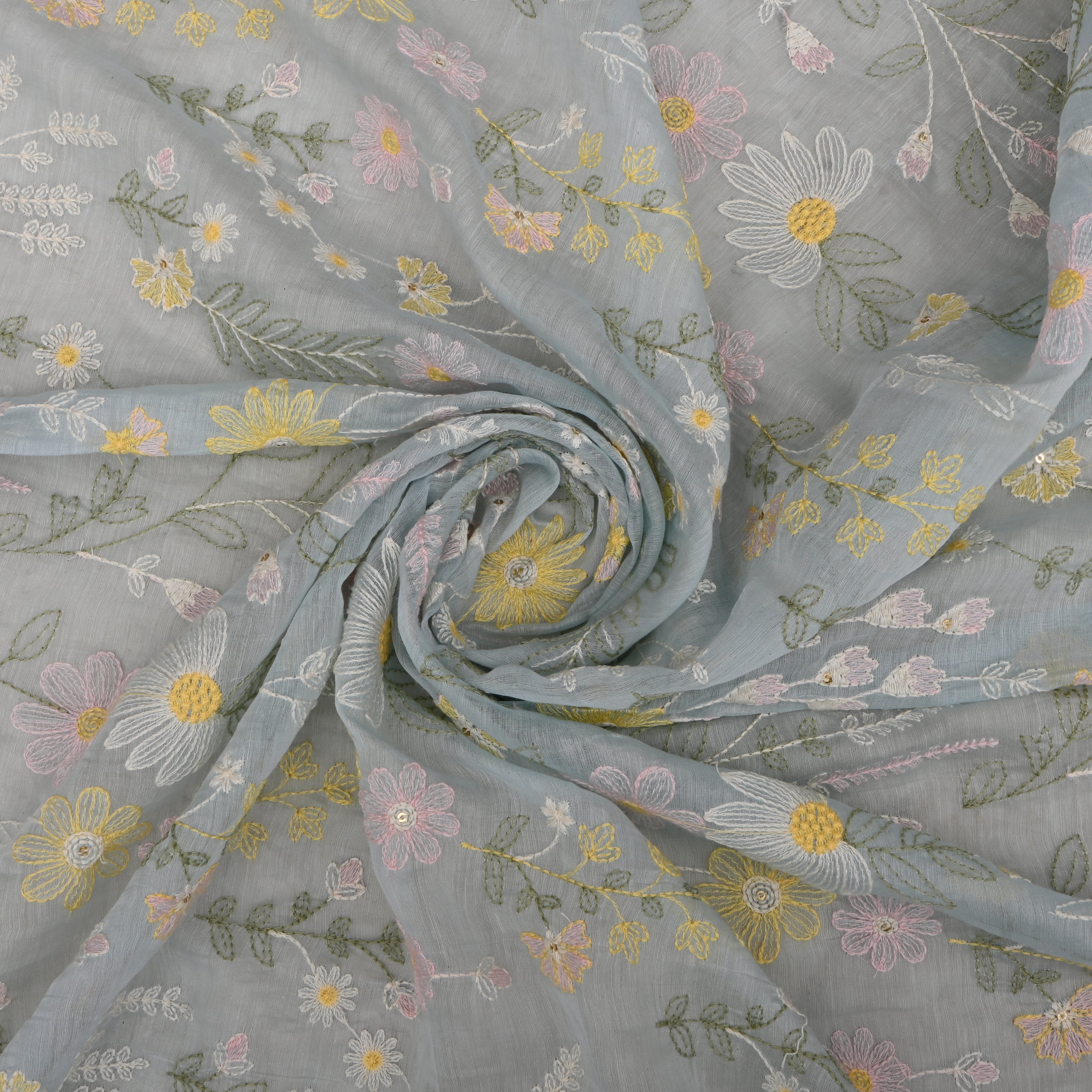 Pastel Blue Chanderi Fabric With Thread Embroidery