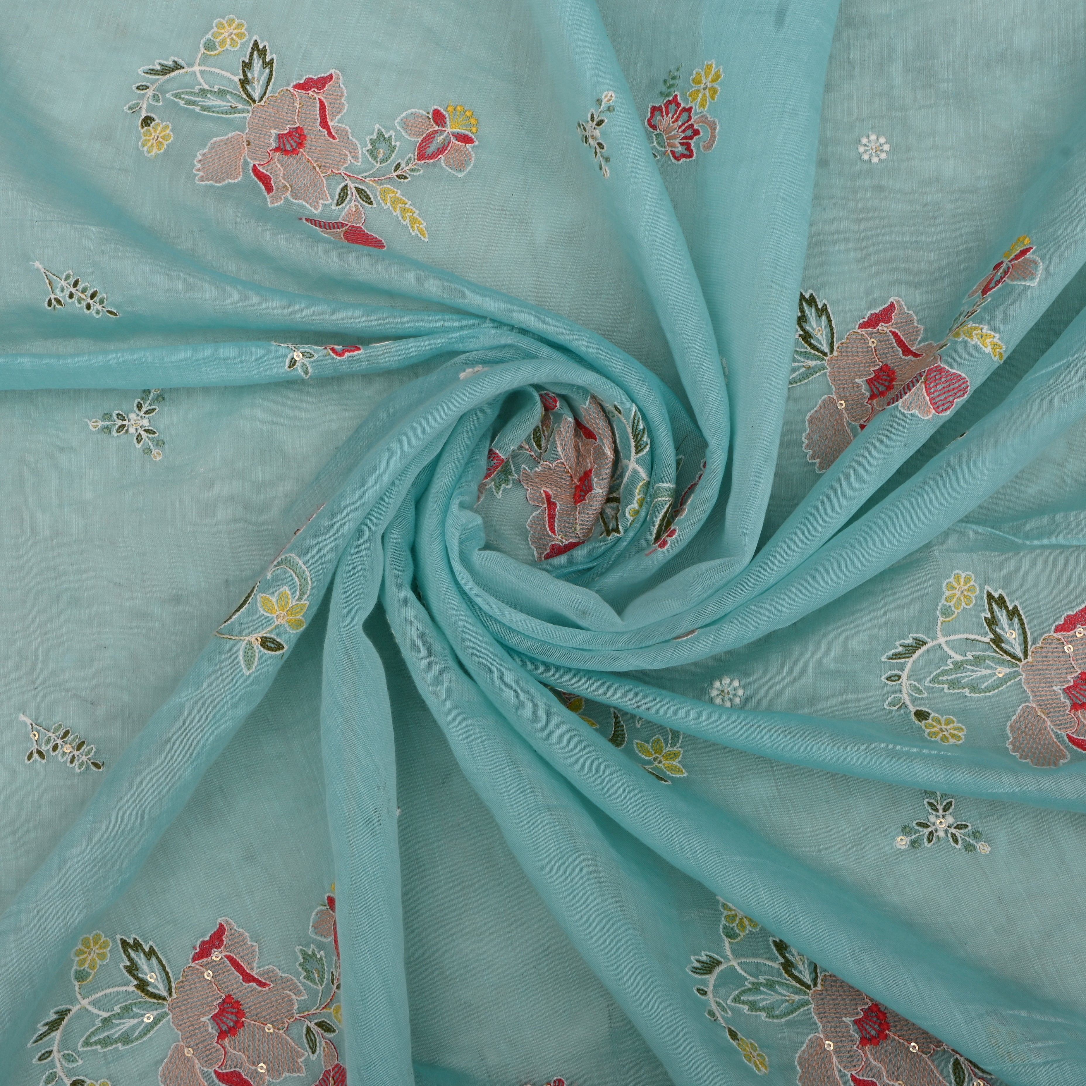 Light Blue Mul Chanderi Fabric With Thread Embroidery