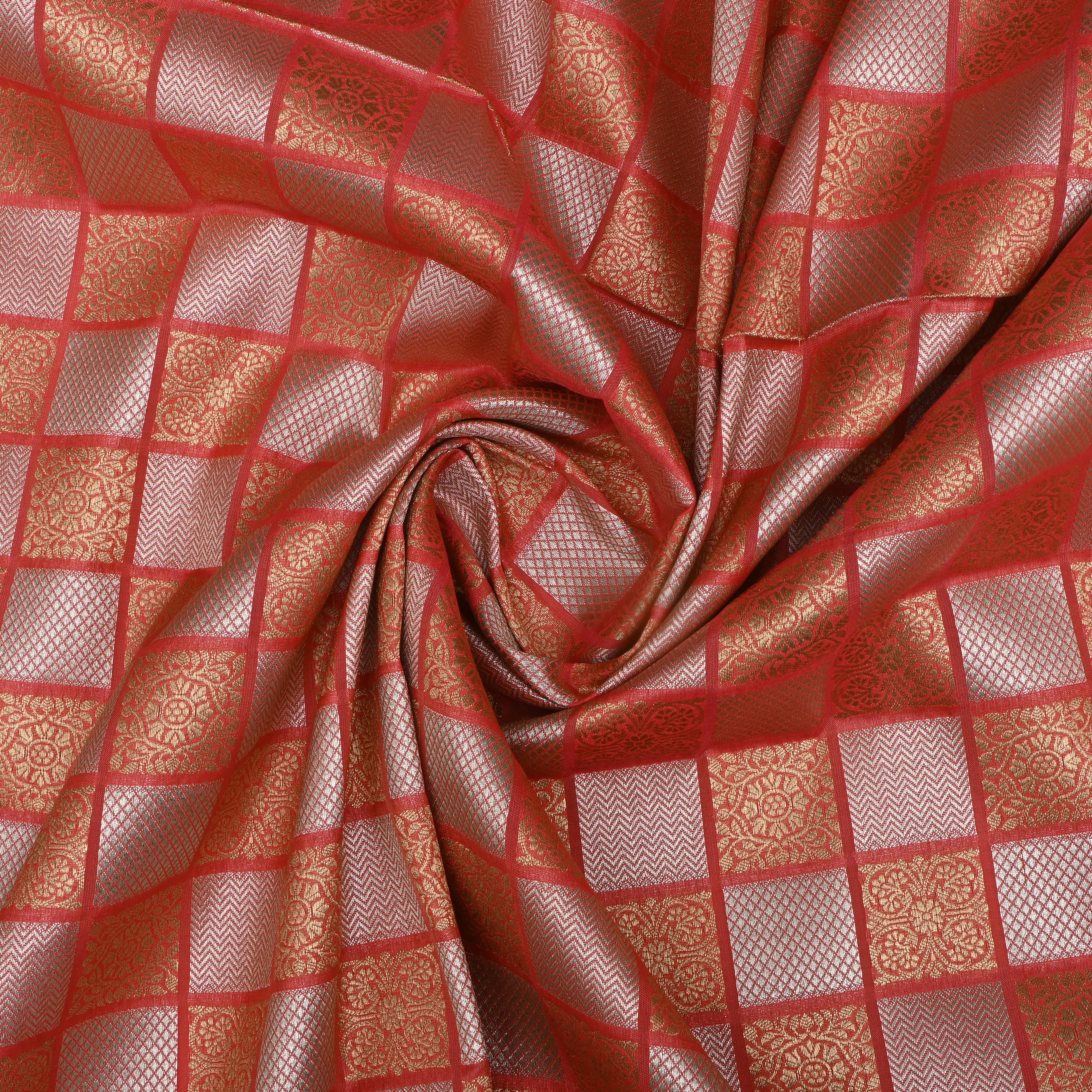 Coral Peach Banarasi Fabric With Checked Patterns
