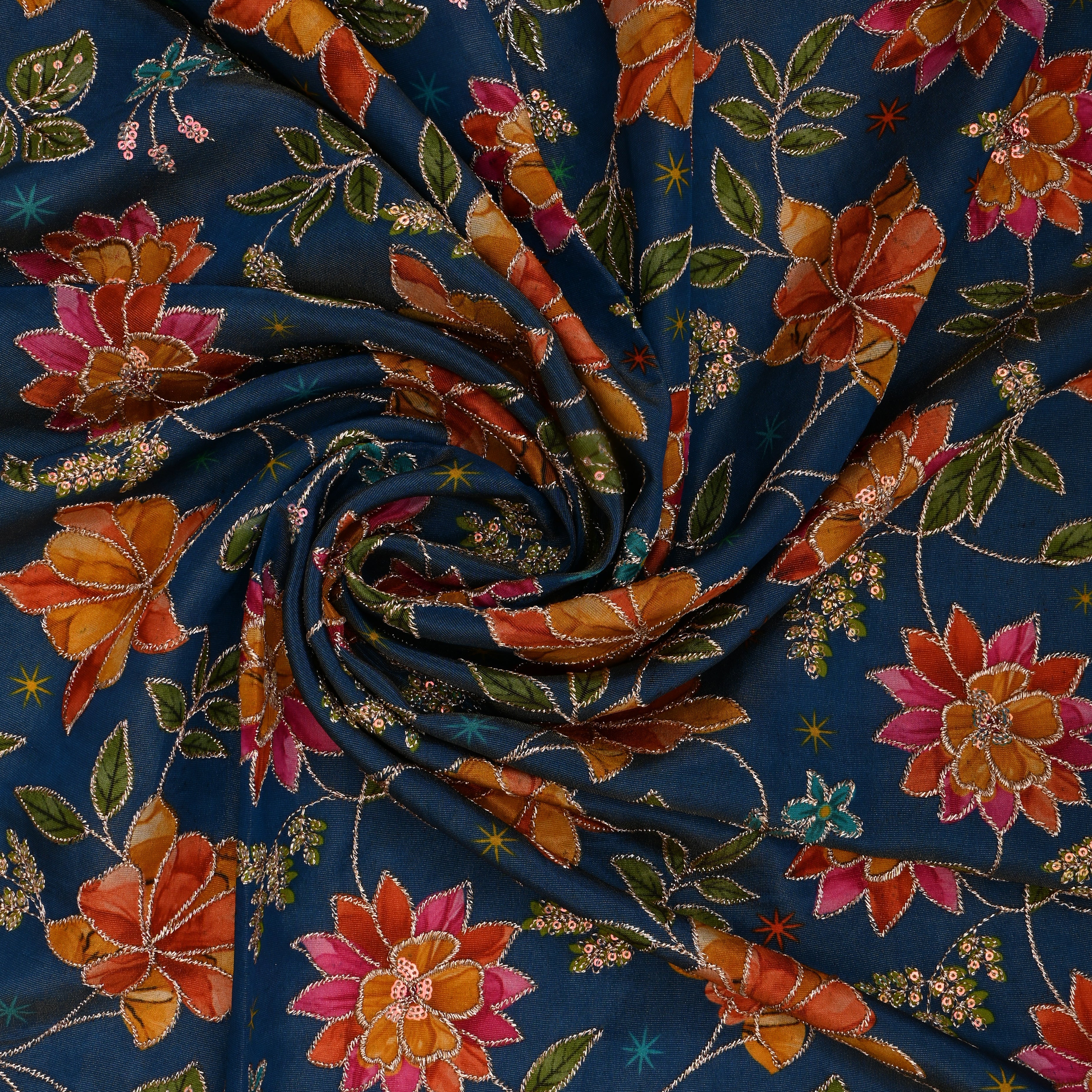 Lapis Blue Printed Floral Tissue Fabric With Embroidery