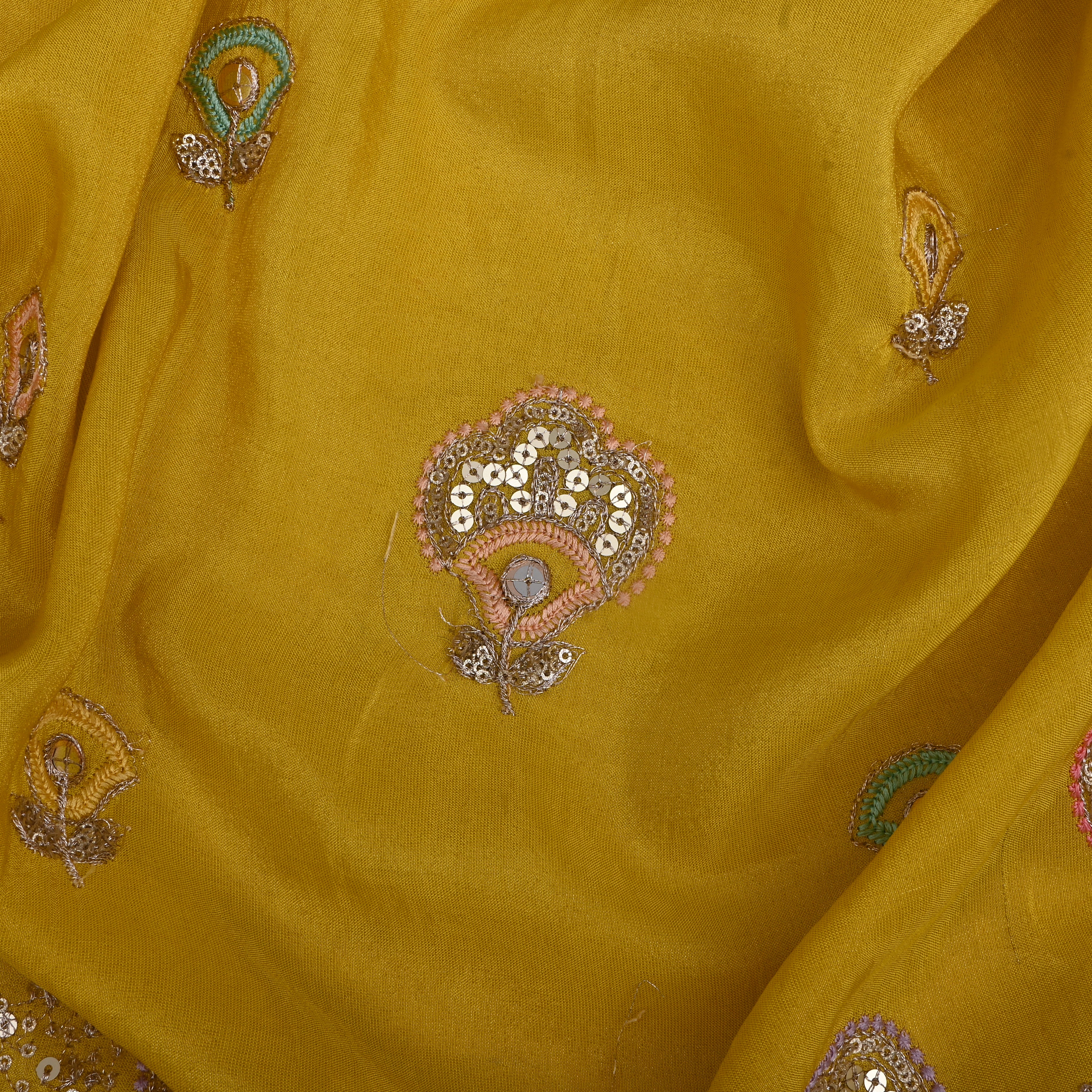 Golden Yellow Tissue Fabric With Sequins Work