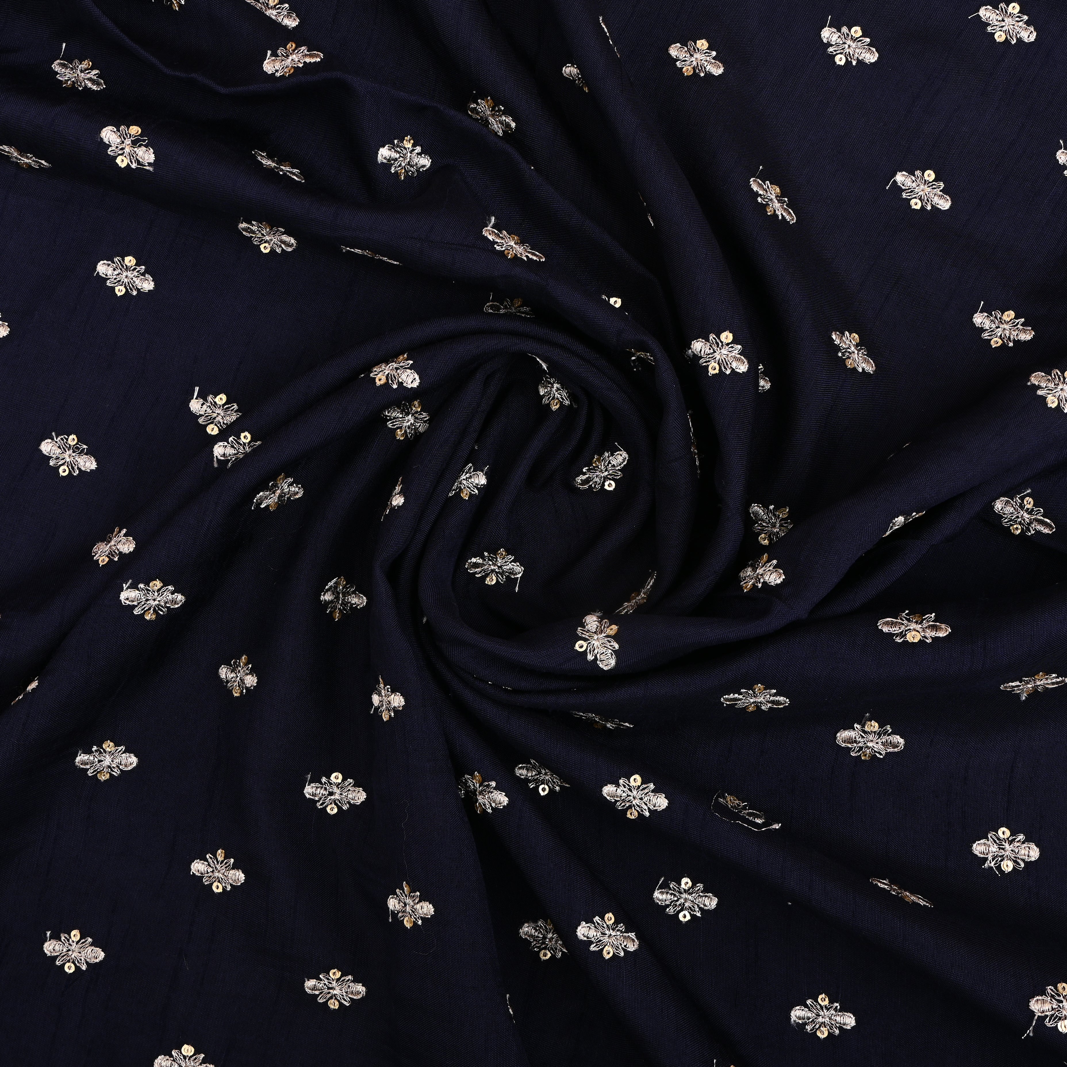 Dark Navy Blue Silk Fabric With Sequins Butti'S