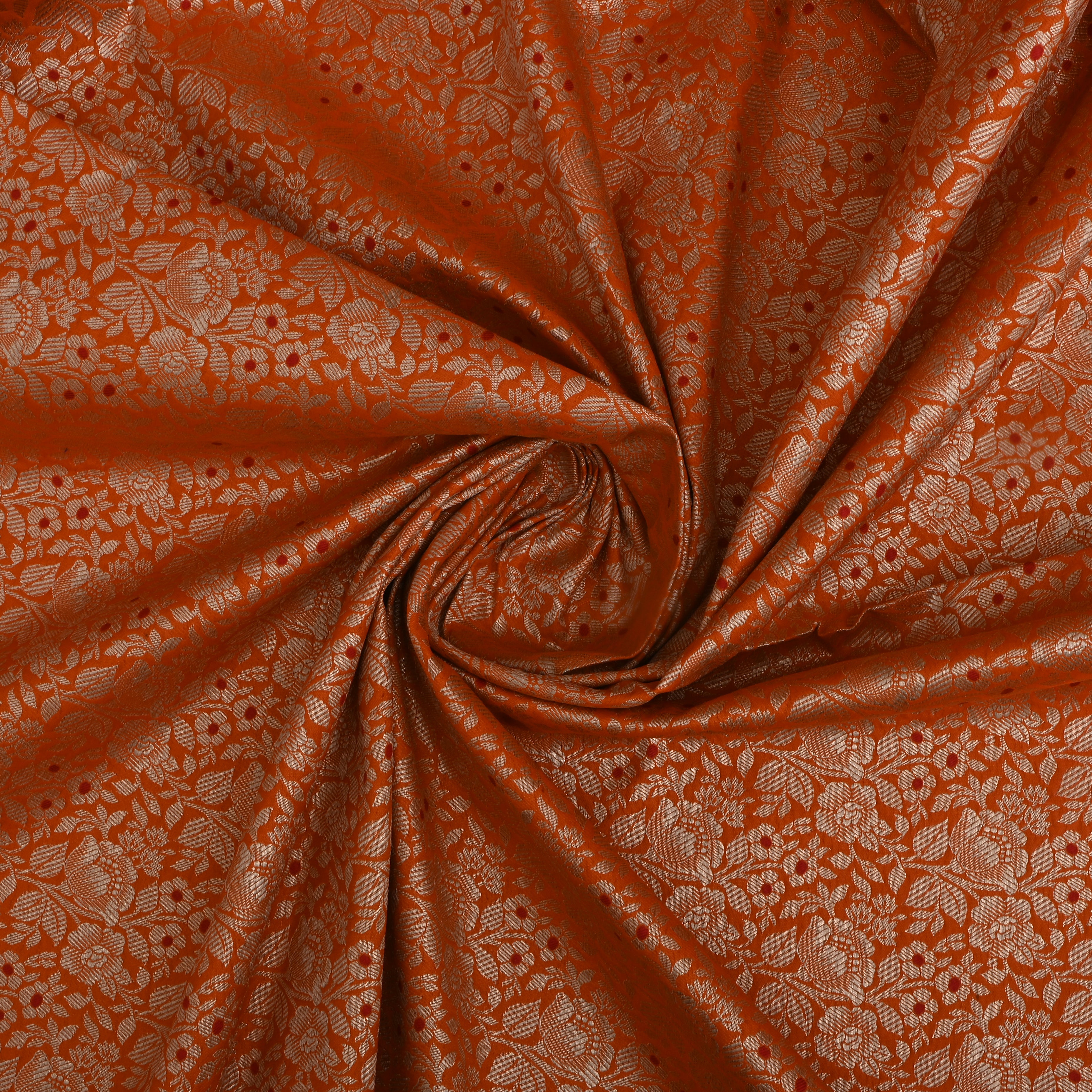 Orange Jamawar Silk Fabric With Floral Weave