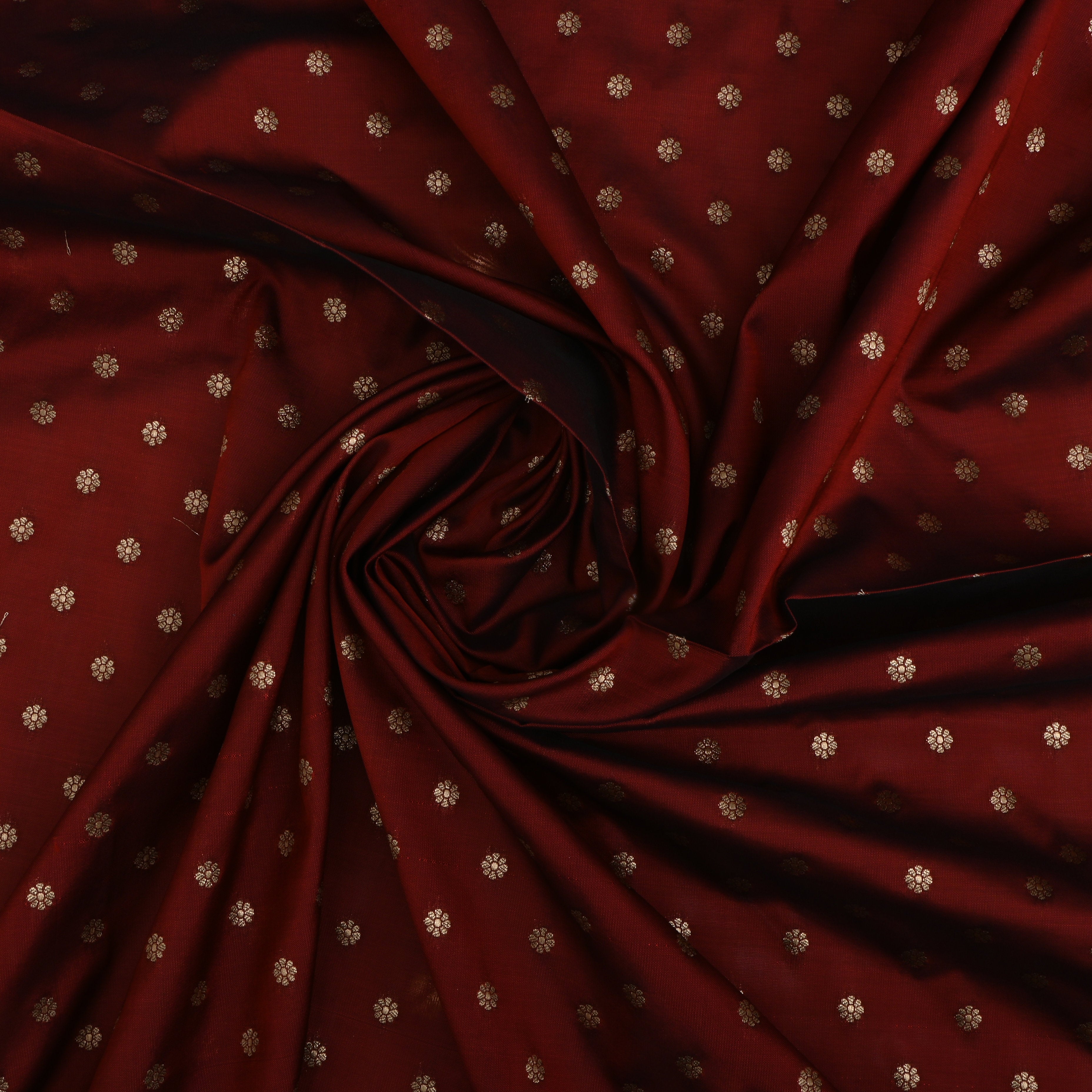 Cherrywood Red Jamawar Silk Fabric With Floral Butti'S