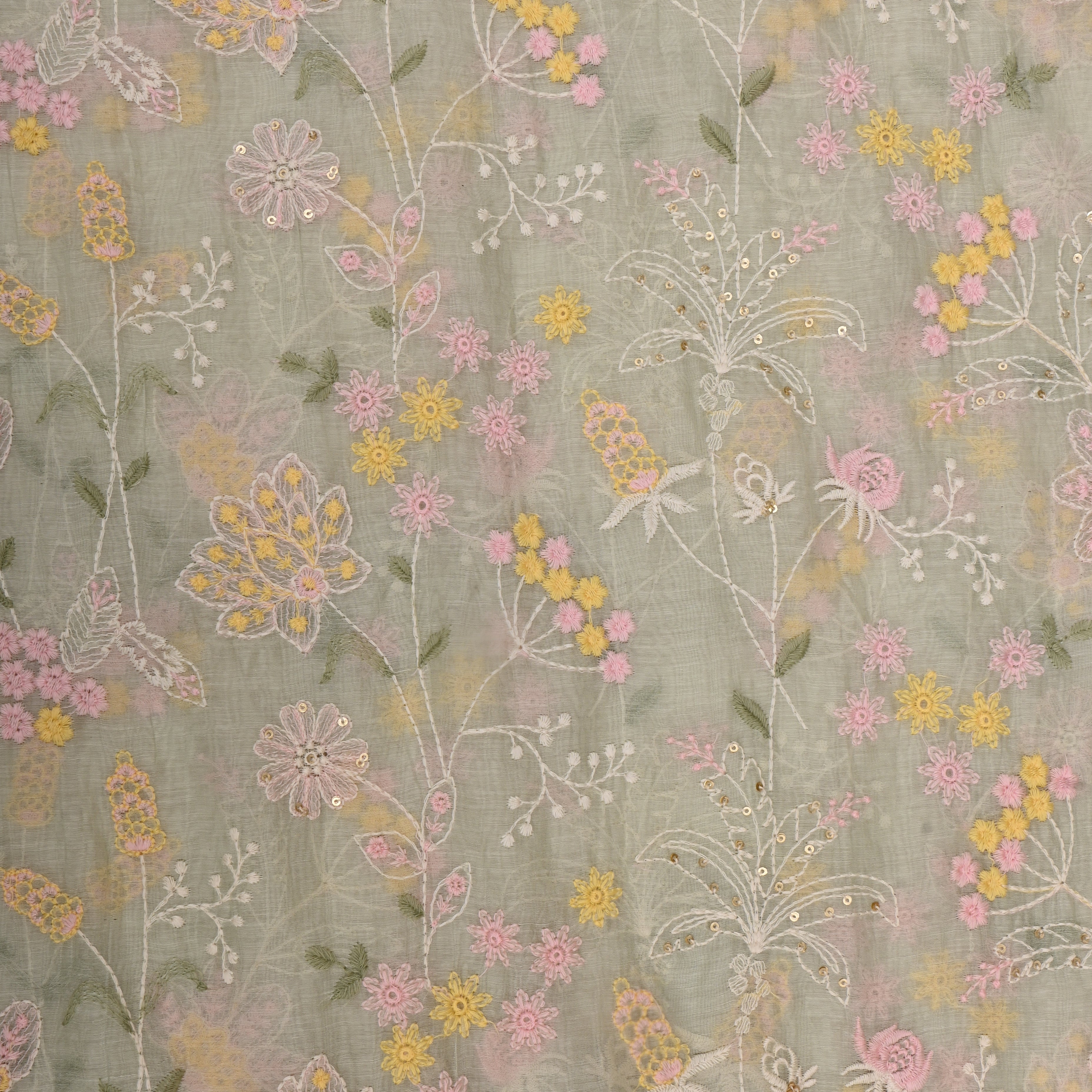 Pista Green Mul Chanderi Fabric With Embroidery