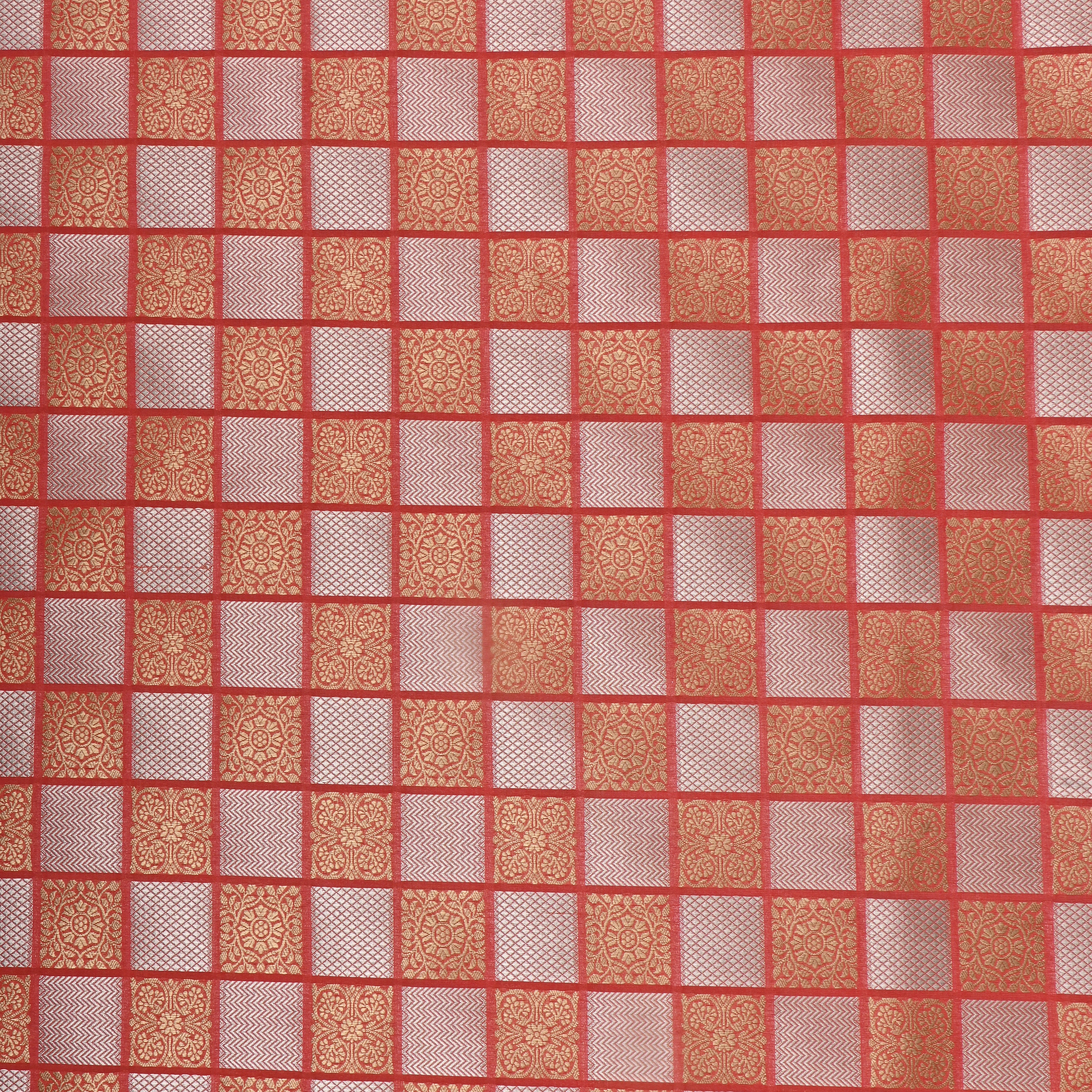 Coral Peach Banarasi Fabric With Checked Patterns