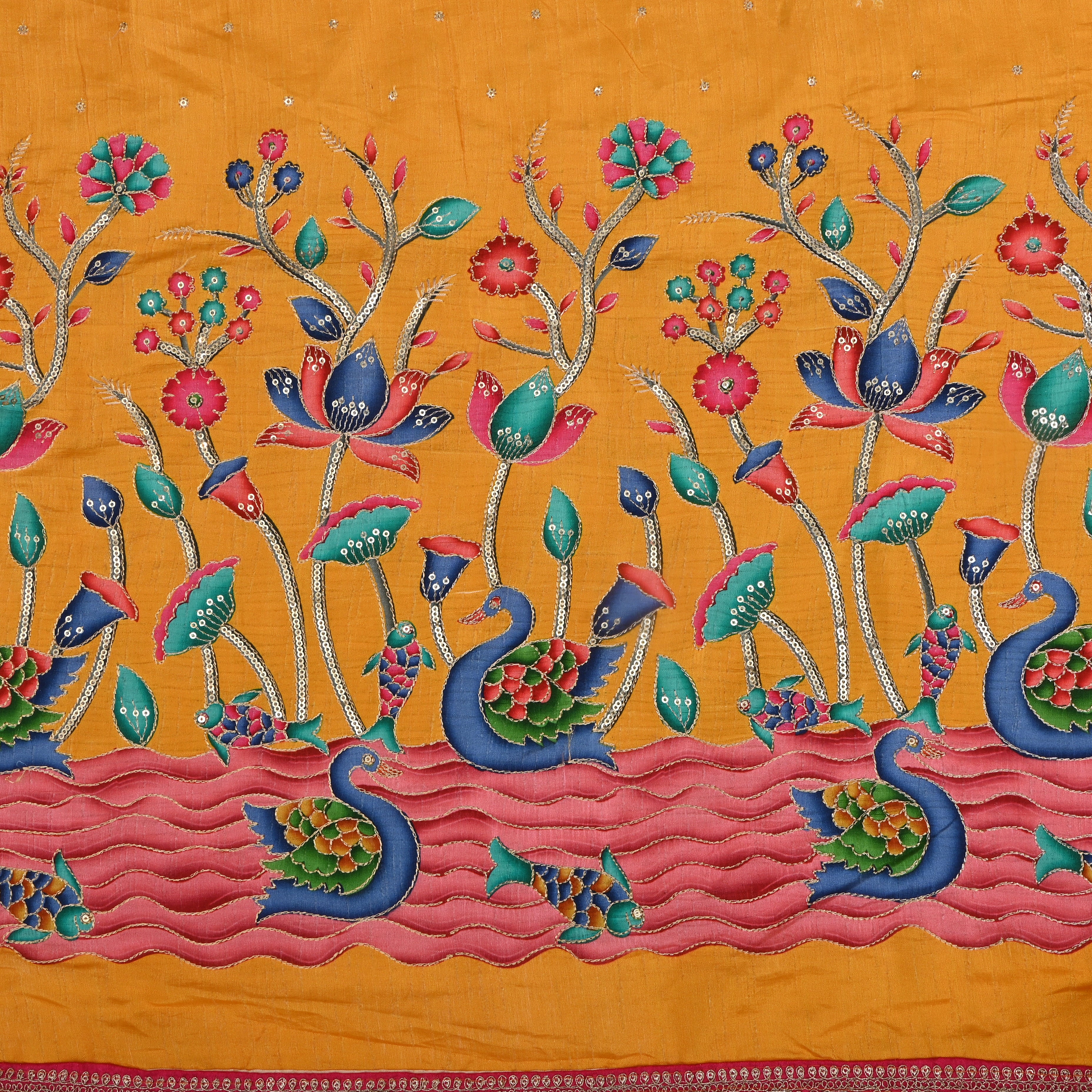 Beer Yellow Silk Fabric With Printed Embroidery