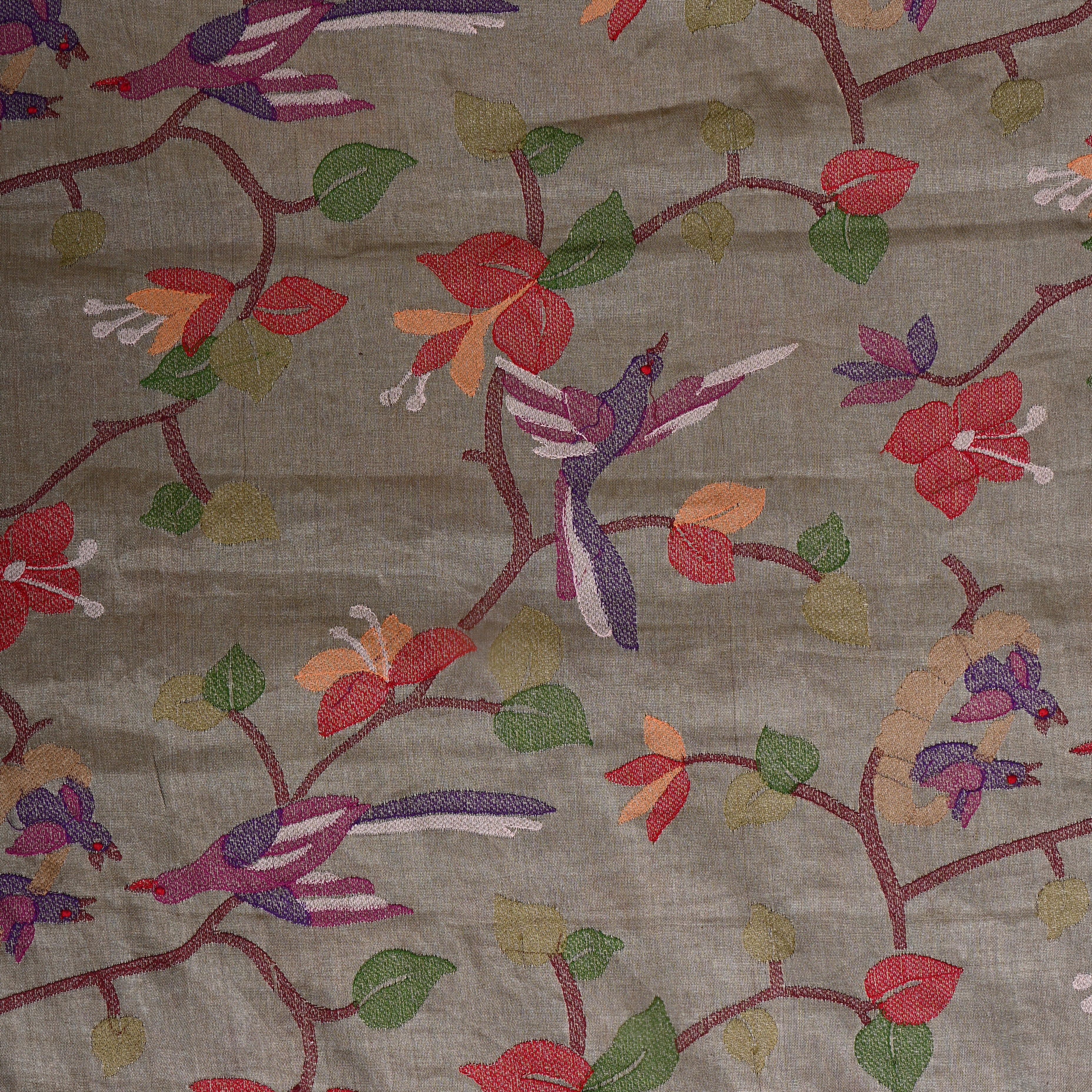 Silver Tissue Fabric With Avian Embroidery
