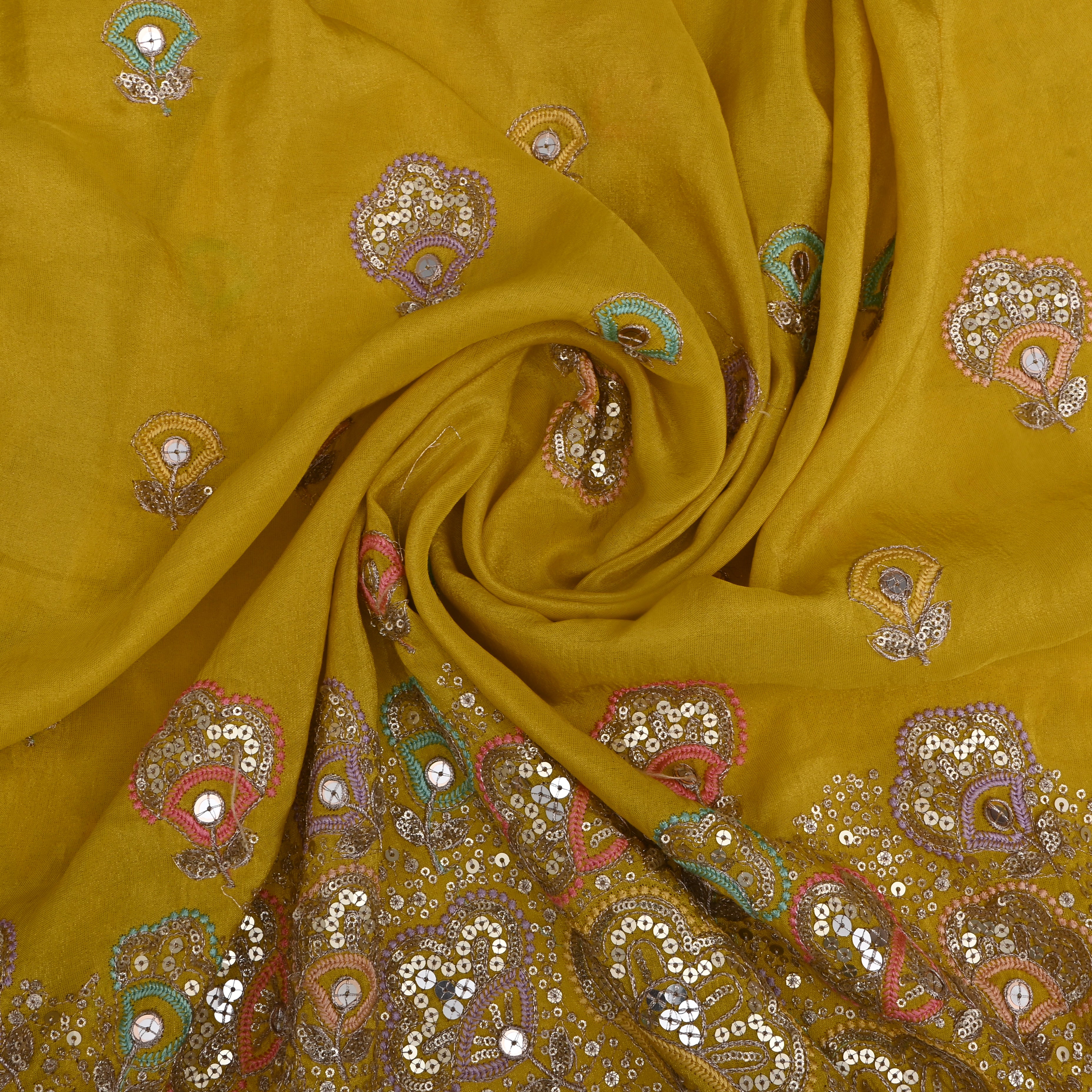 Golden Yellow Tissue Fabric With Sequins Work