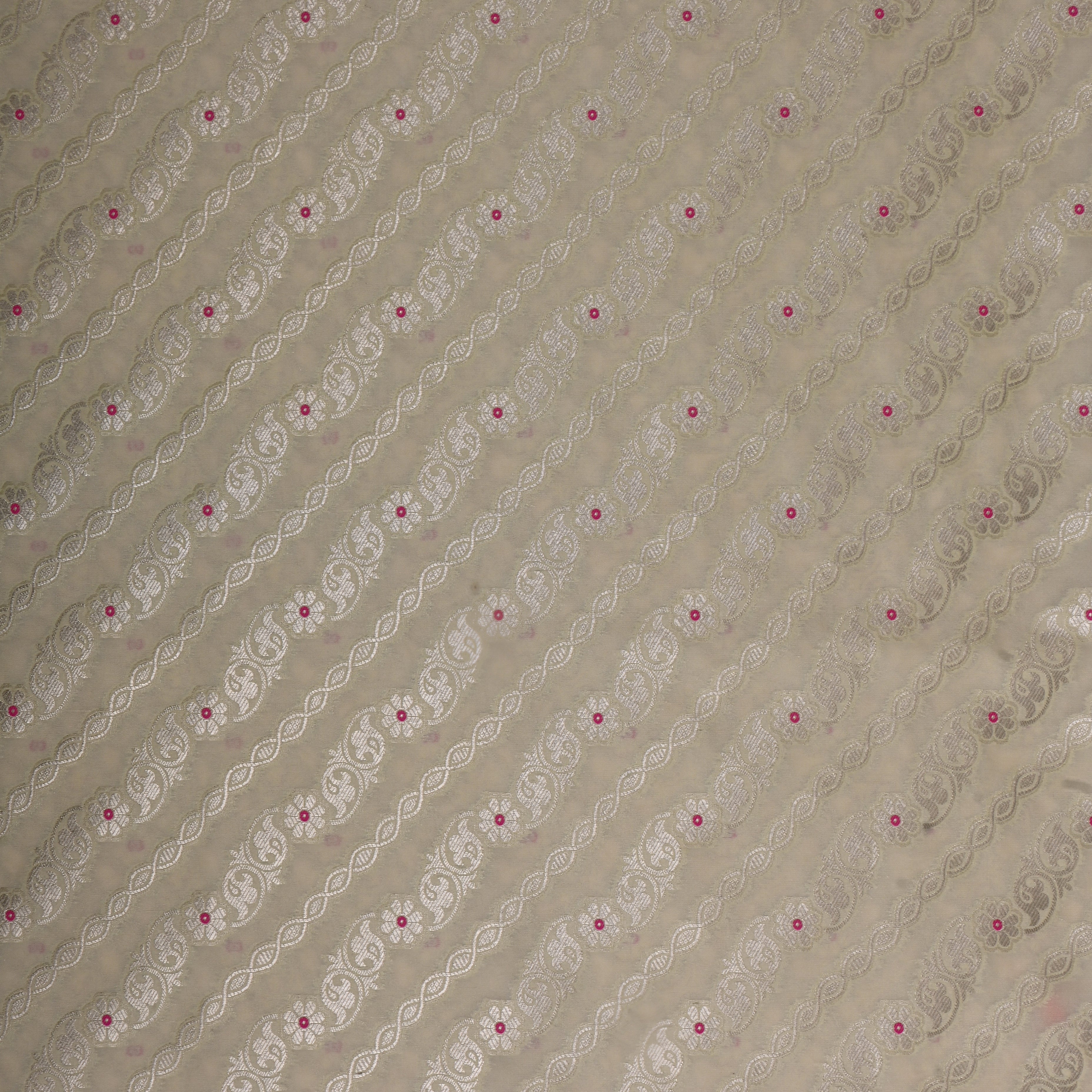 Pale Beige Jamawar Silk Fabric With Leheriya Pattern