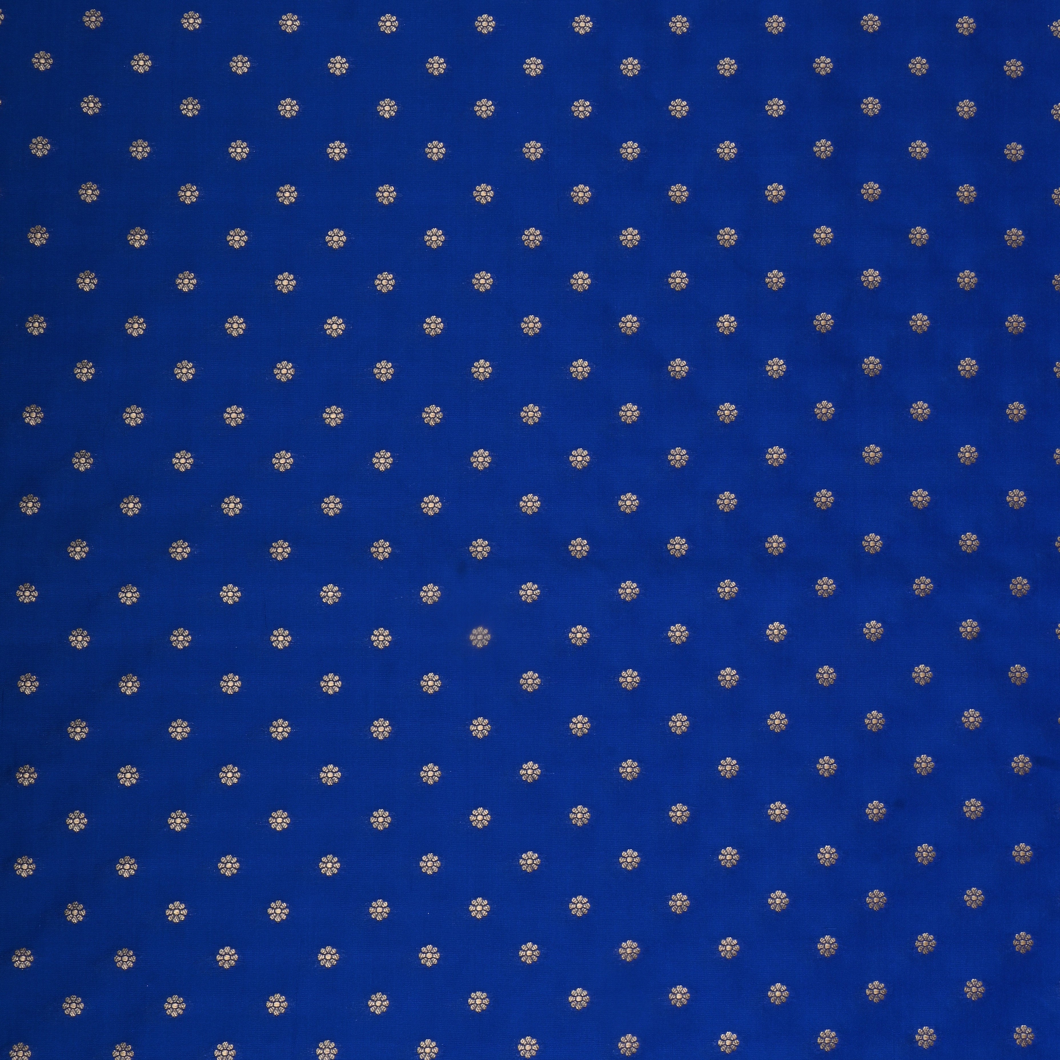 Cobalt Blue Jamawar Silk Fabric With Floral Butti'S