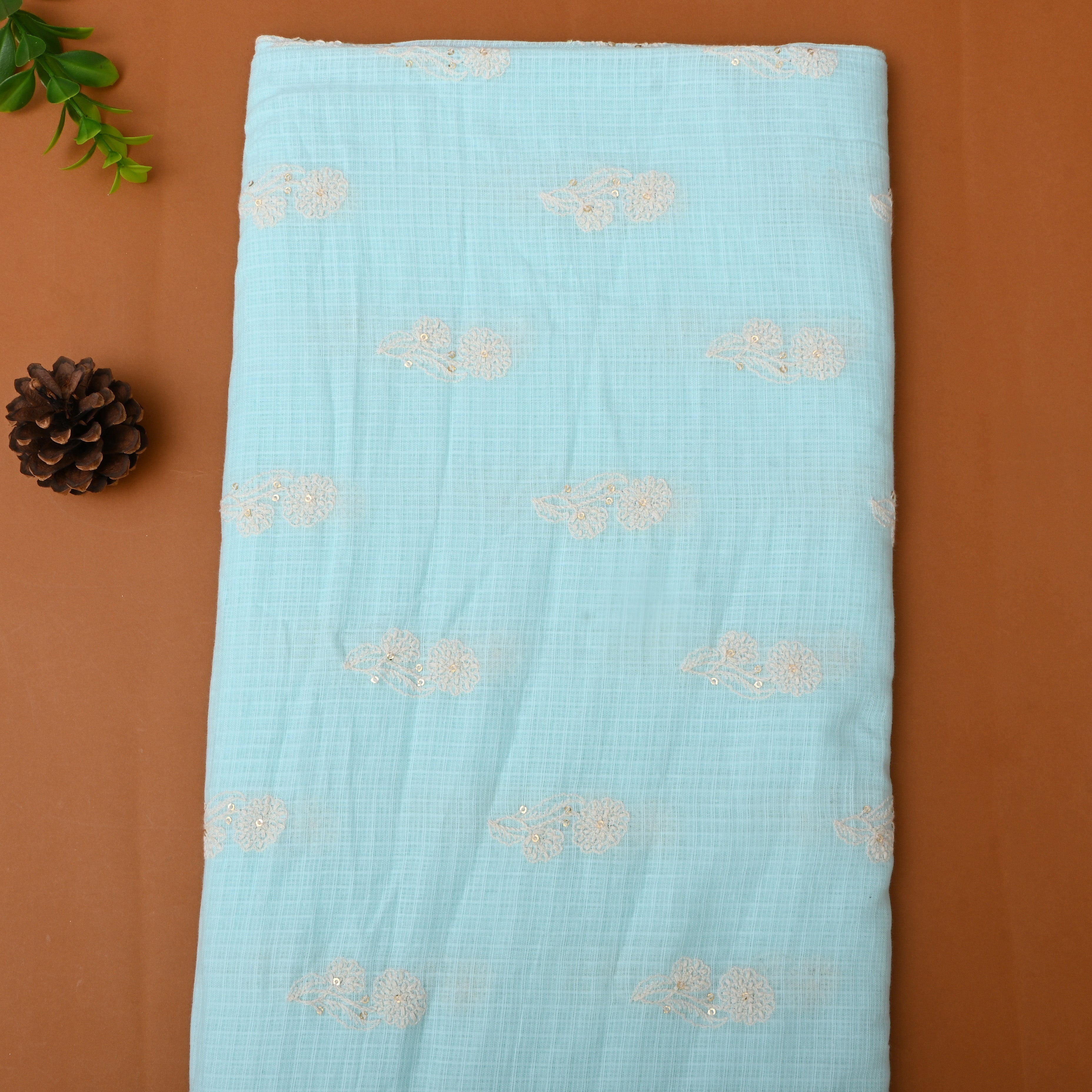Light Cyan Blue Floral Embroidered Kota Fabric