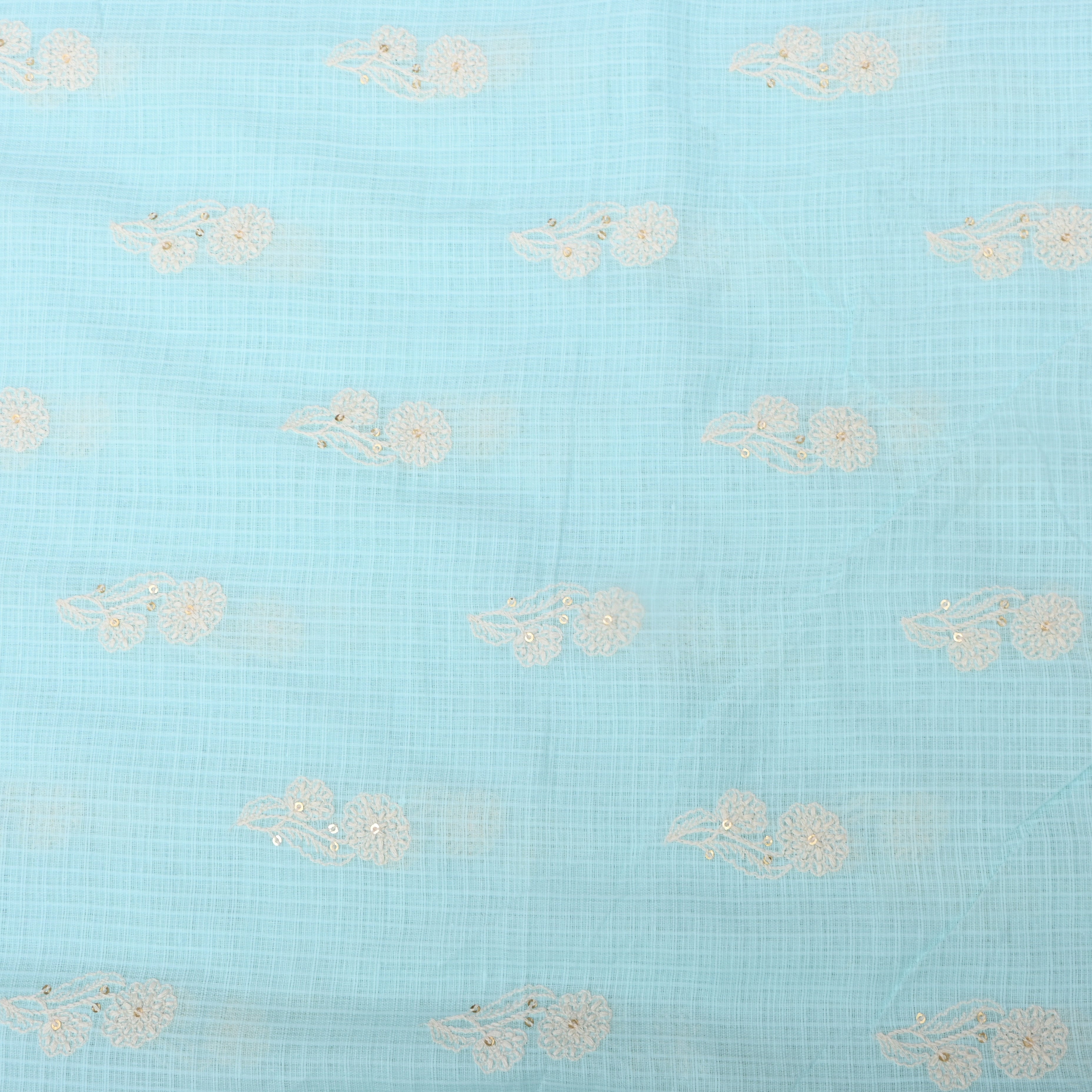 Light Cyan Blue Floral Embroidered Kota Fabric
